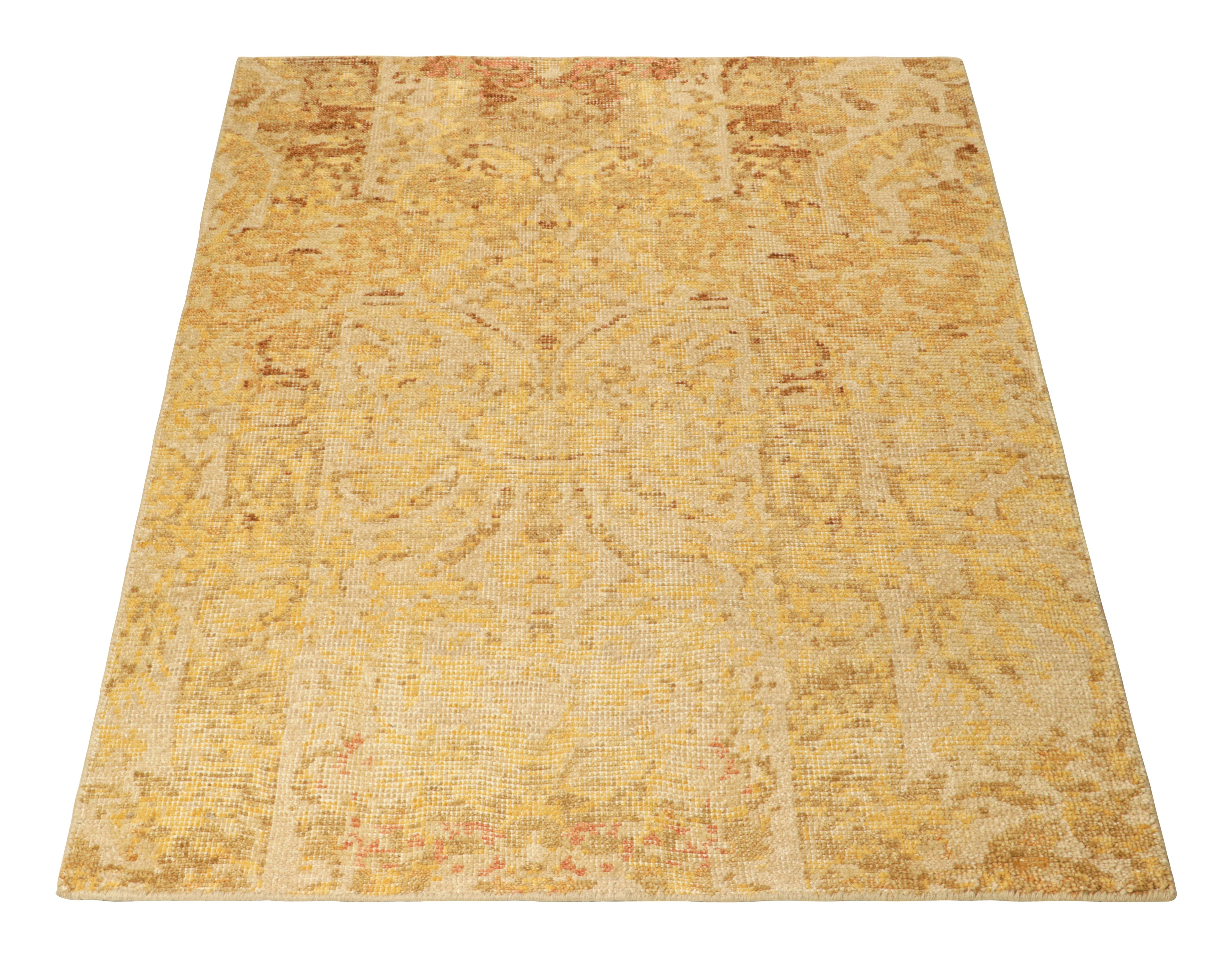 Rug & Kilim’s Distressed European Square Rug in Beige-brown & Gold Florals In New Condition For Sale In Long Island City, NY