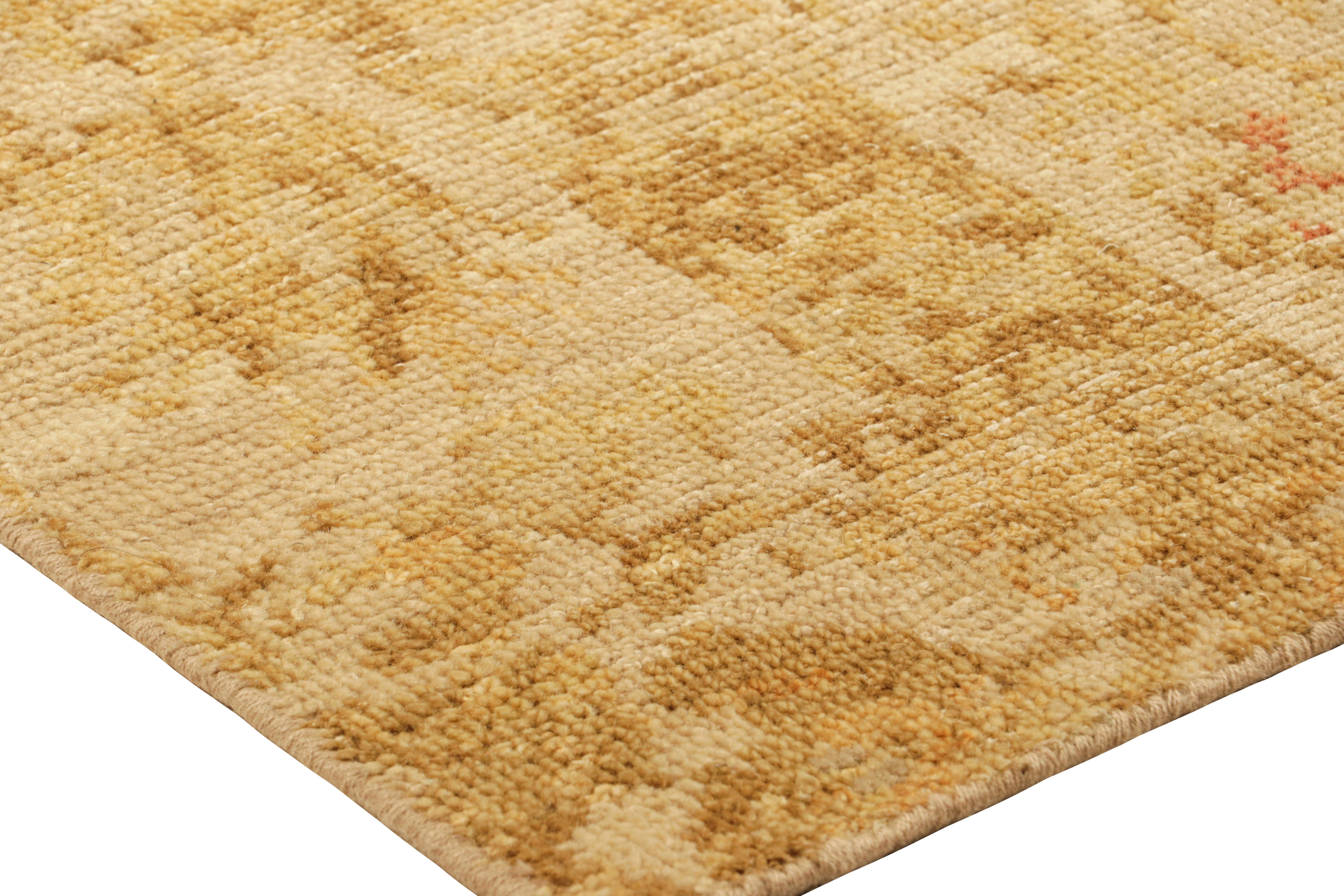 Contemporary Rug & Kilim’s Distressed European Square Rug in Beige-brown & Gold Florals For Sale