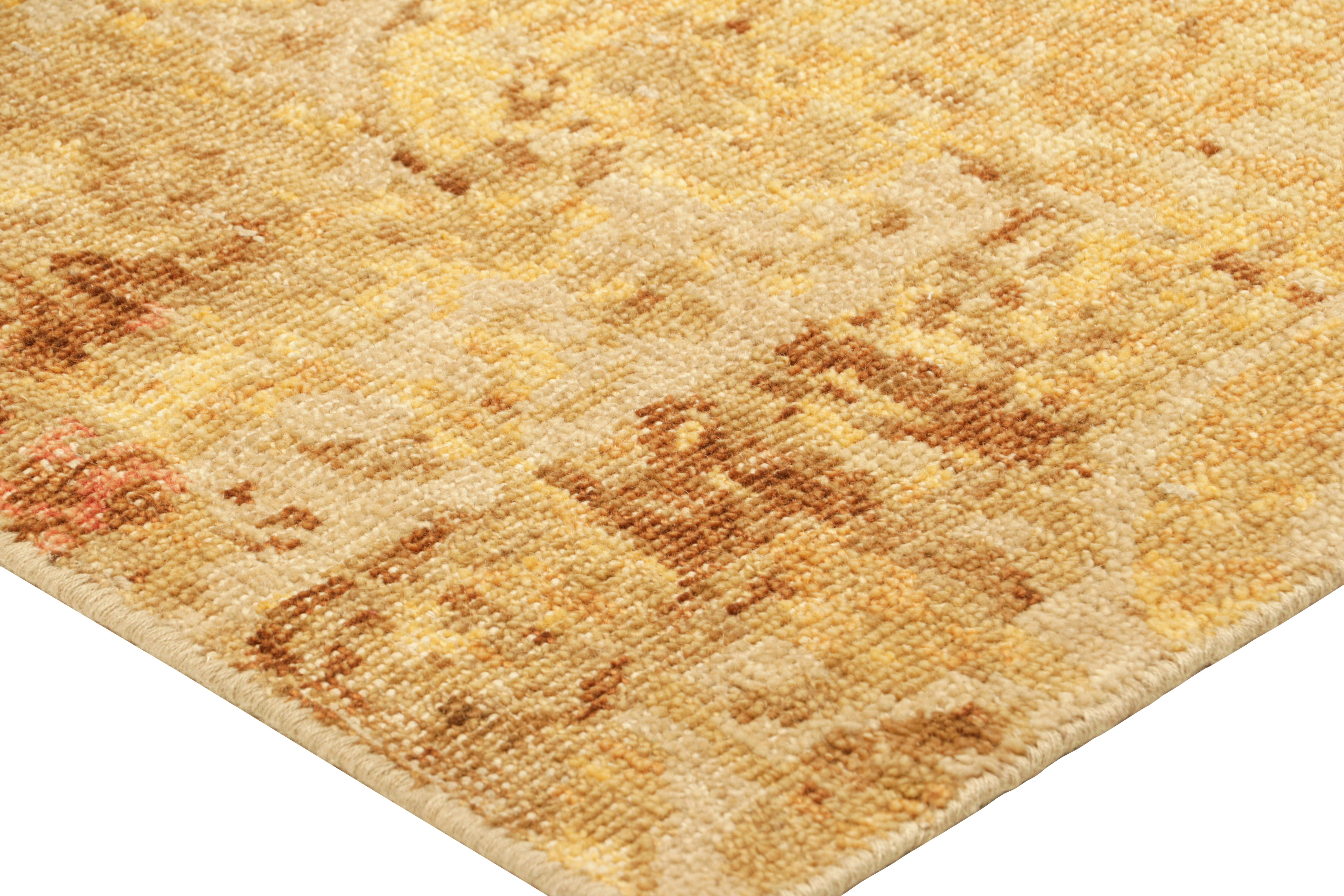 Contemporary Rug & Kilim’s Distressed European Square Rug in Beige-brown & Gold Florals For Sale