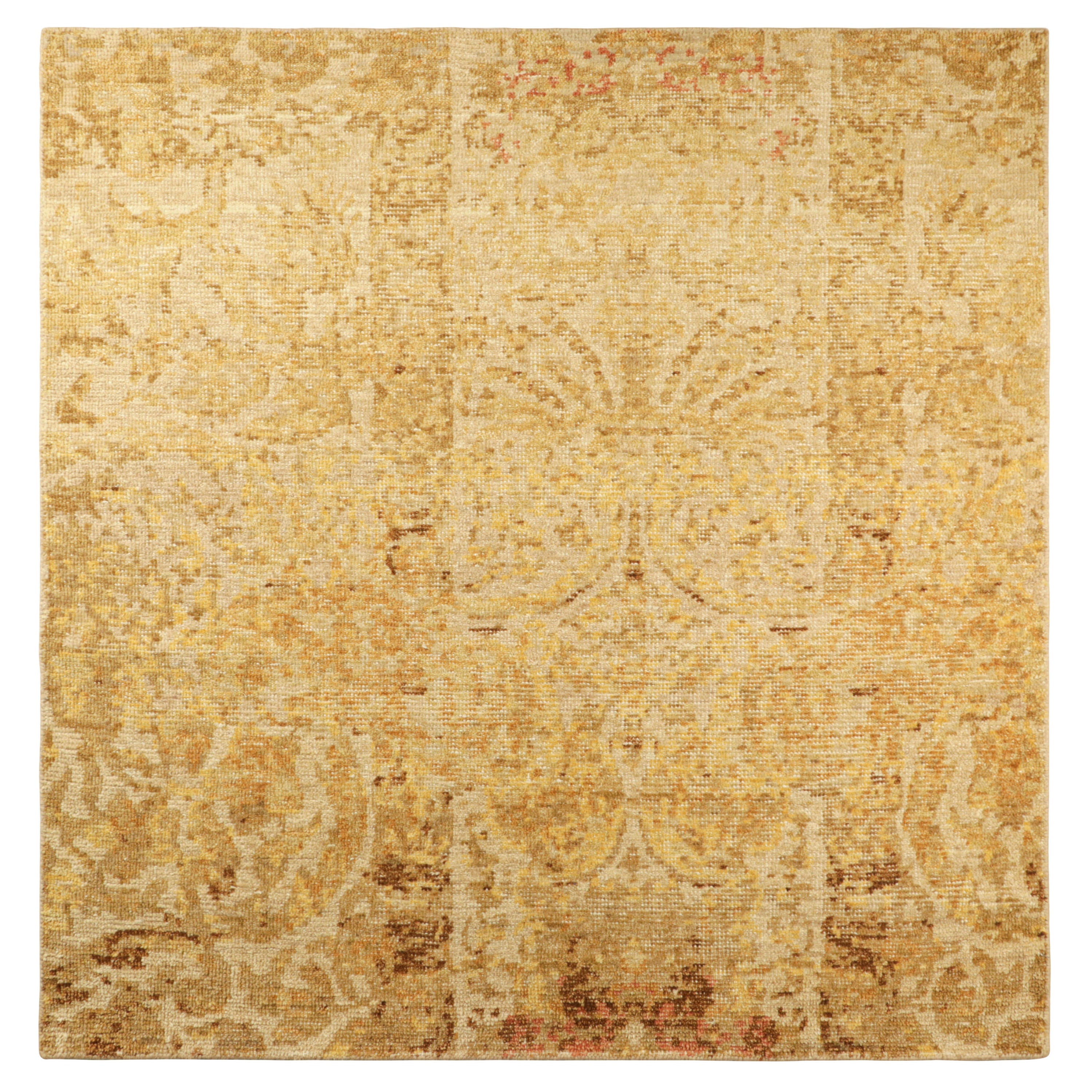 Rug 
Kilim’s Distressed European Square Rug in Beige-brown 
Gold Florals For Sale