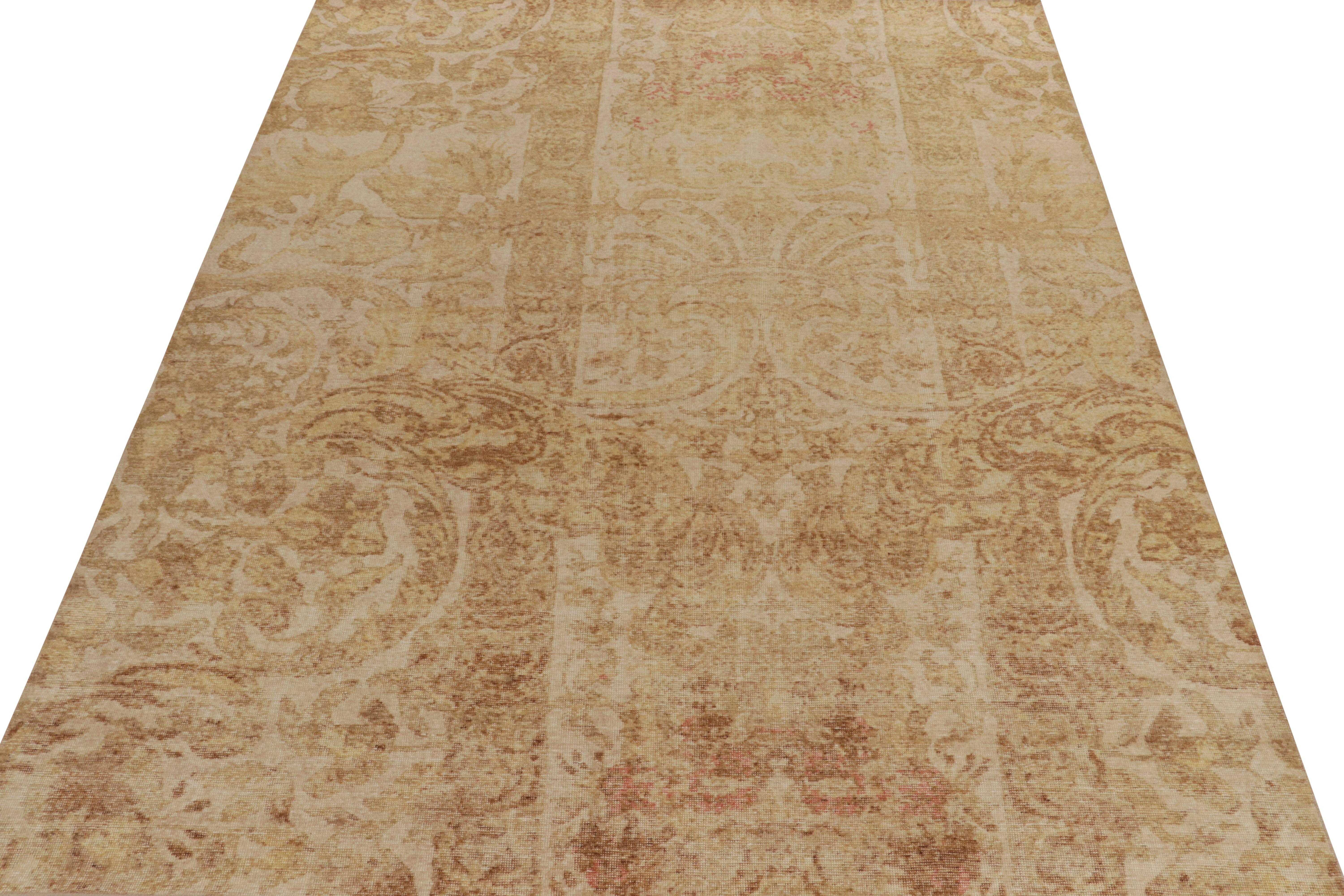 Indian Rug & Kilim’s Distressed European Style Rug in Beige-Brown & Gold Floral Pattern For Sale