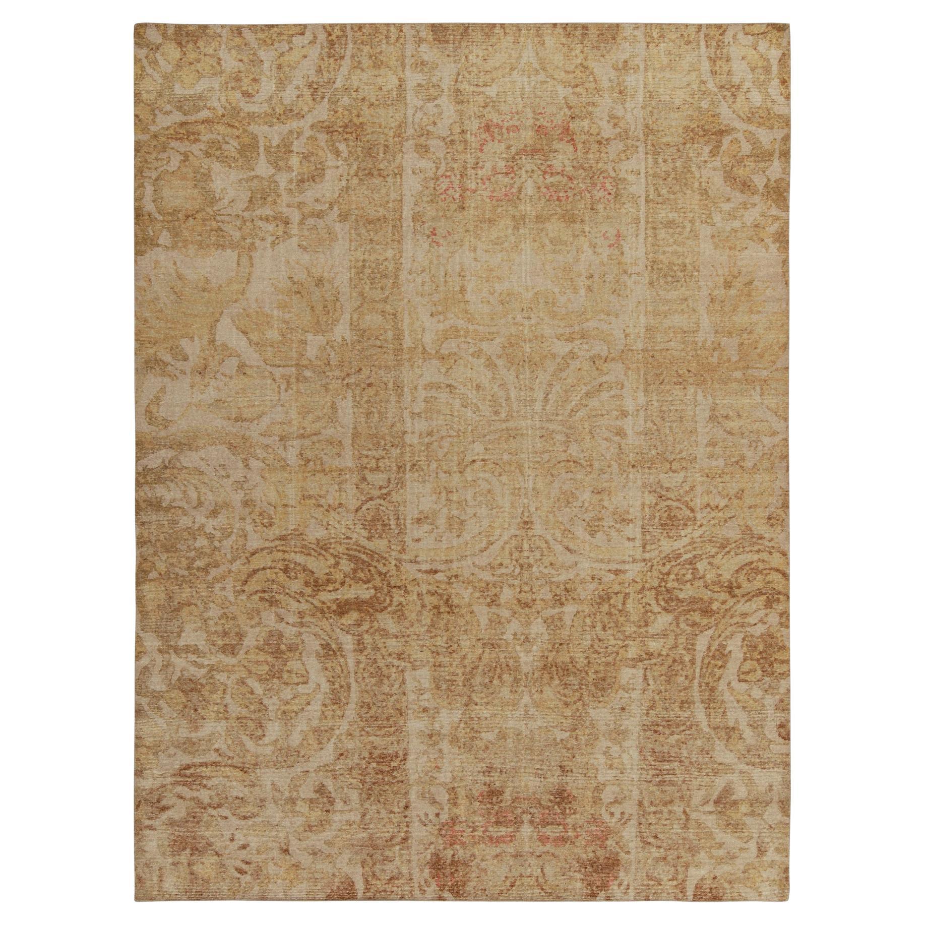Rug & Kilim’s Distressed European Style Rug in Beige-Brown & Gold Floral Pattern For Sale