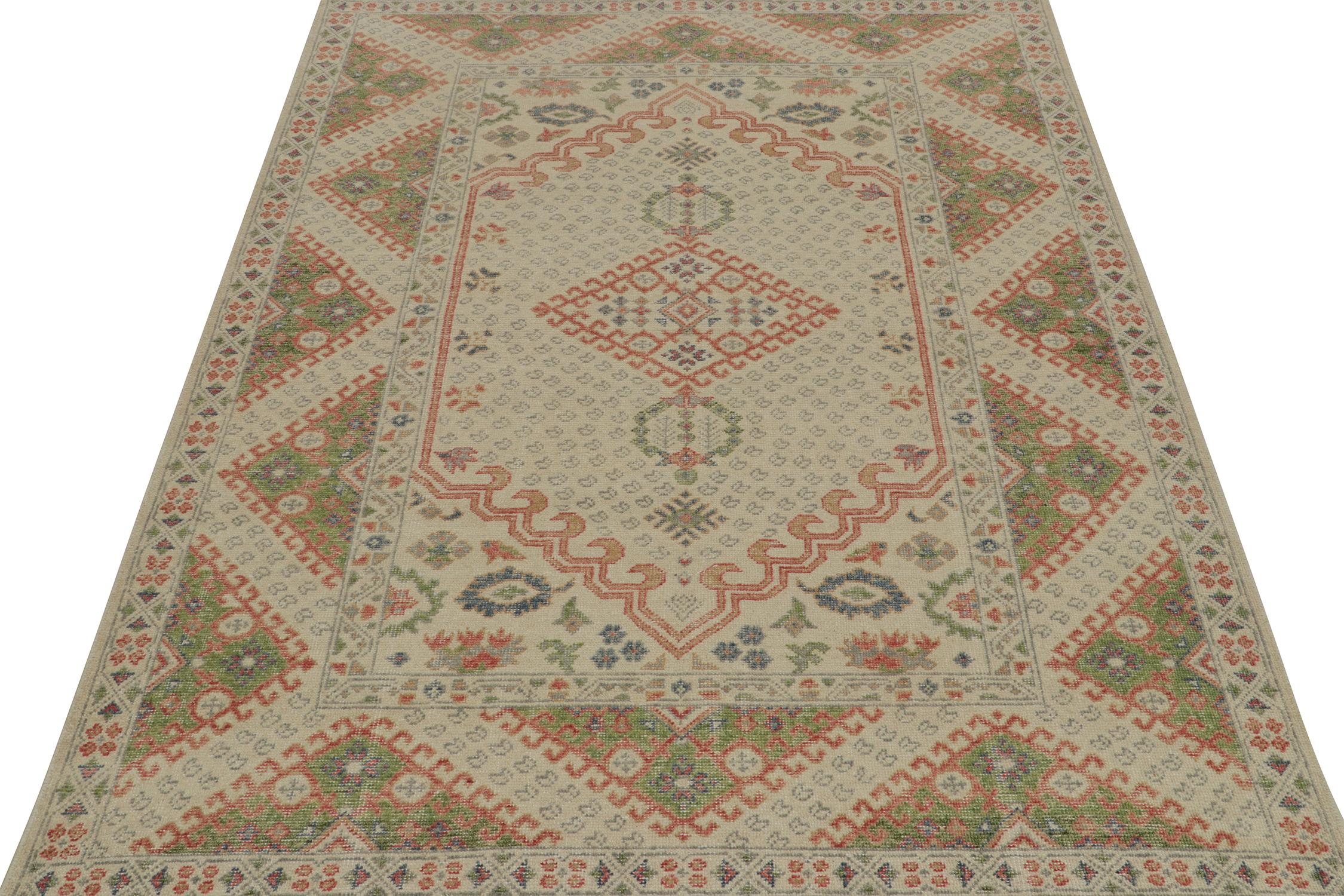 Indian Rug & Kilim’s Distressed Ghiordes Style Rug in Beige with Green & Red Medallion For Sale