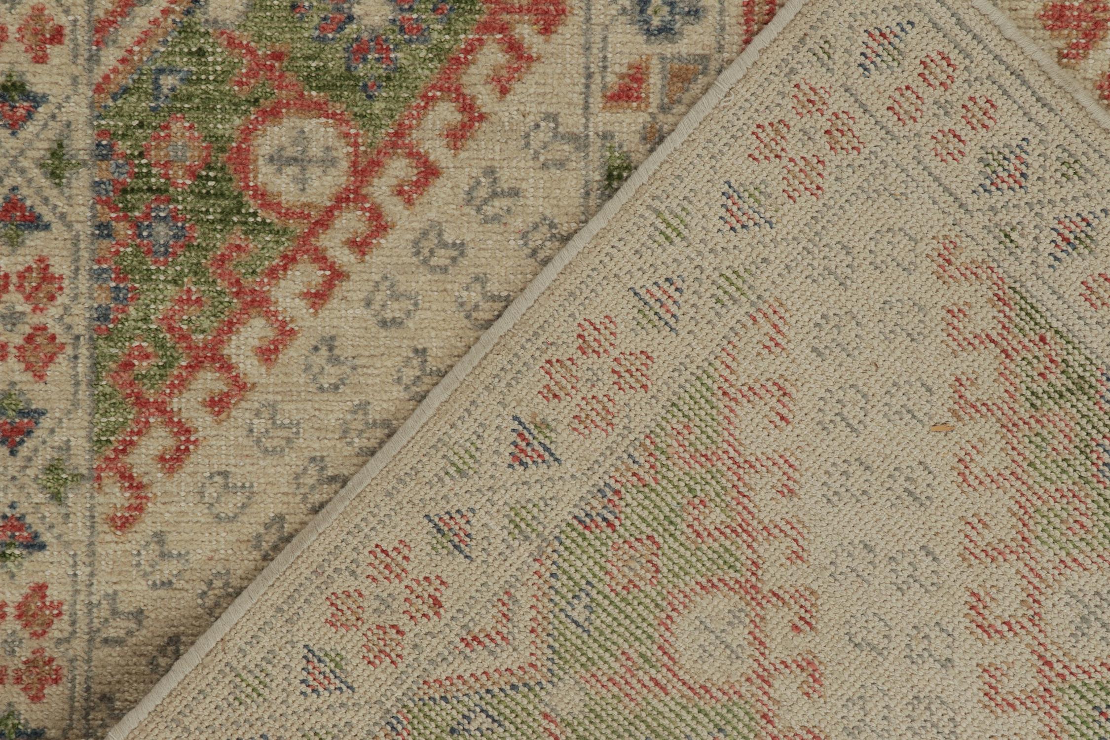 Wool Rug & Kilim’s Distressed Ghiordes Style Rug in Beige with Green & Red Medallion For Sale