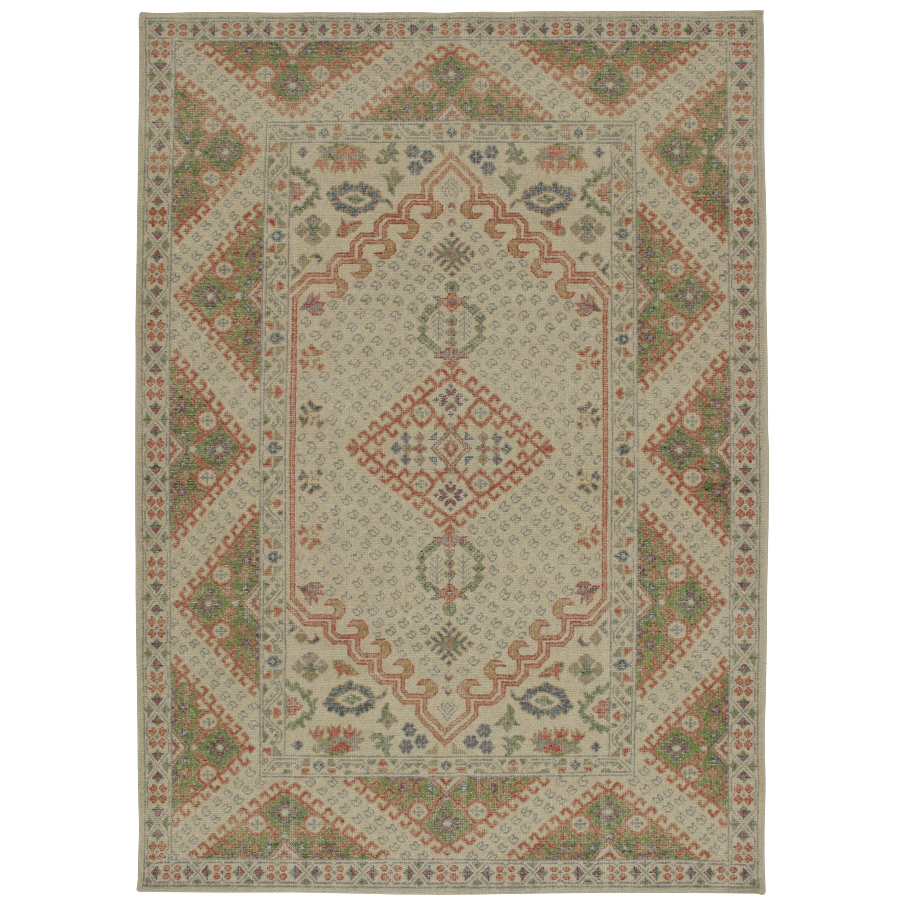 Rug & Kilim’s Distressed Ghiordes Style Rug in Beige with Green & Red Medallion For Sale