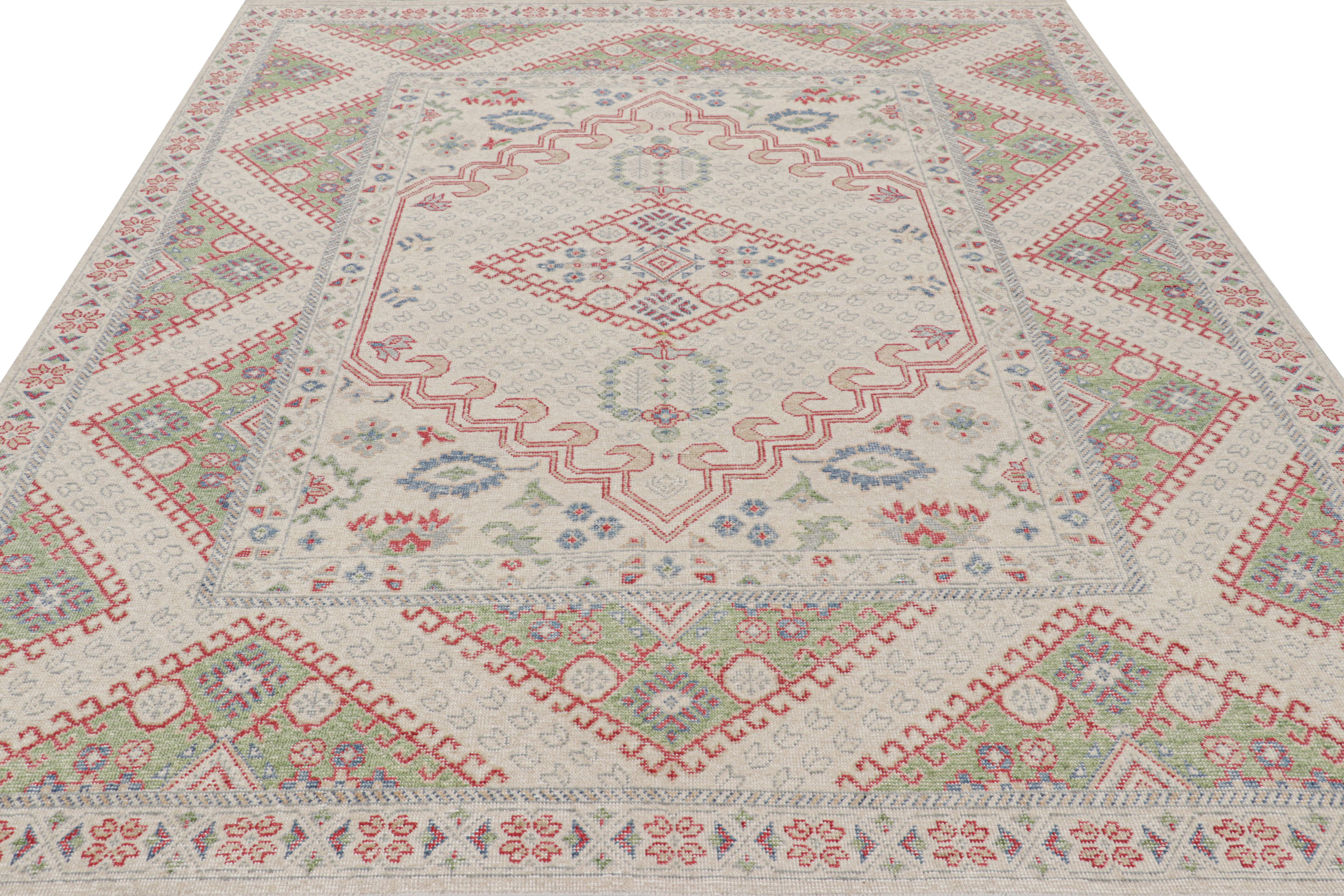 Indian Rug & Kilim’s Distressed Ghiordes Style Rug in Cream, Green, and Red with Medall For Sale