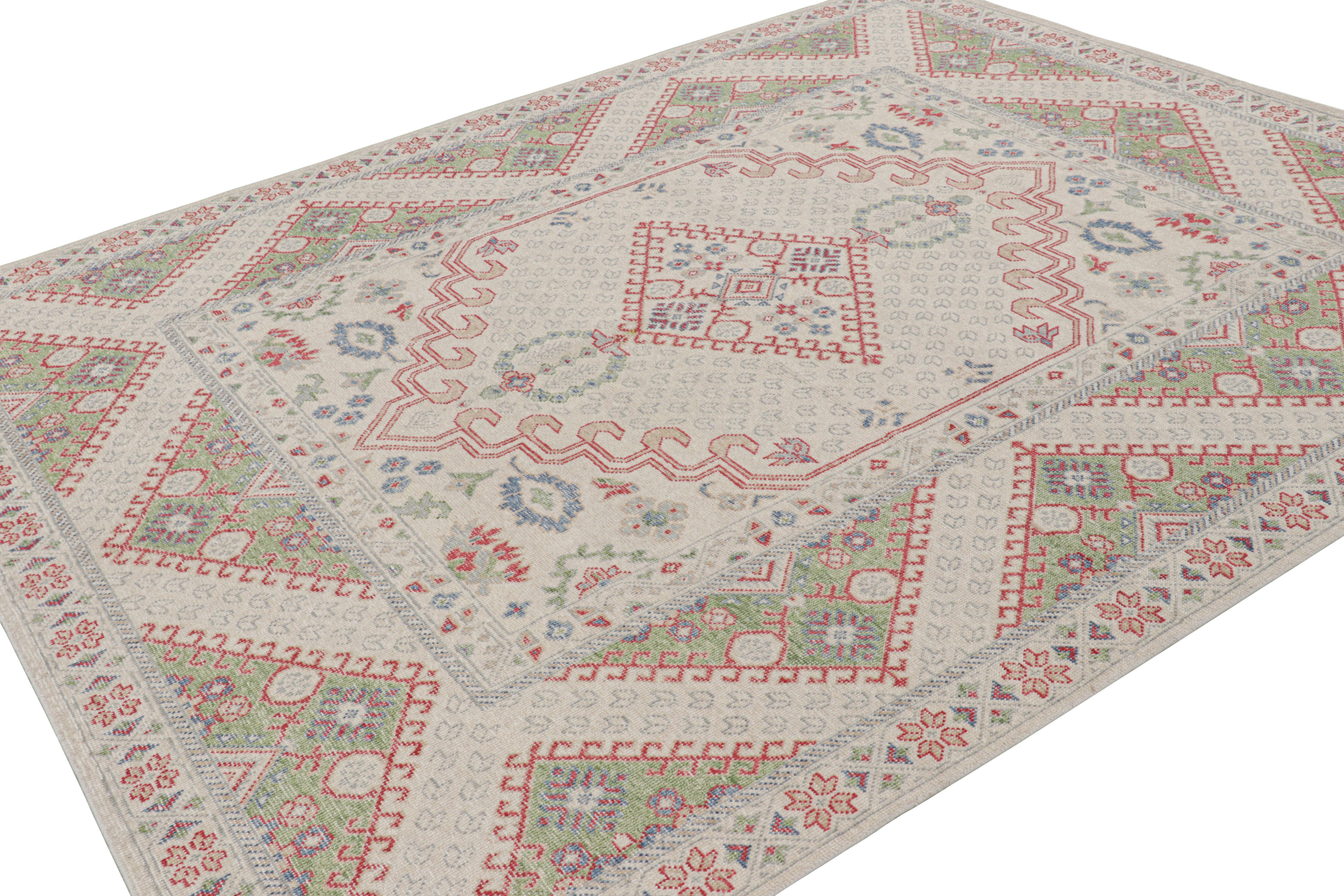 Hand-Knotted Rug & Kilim’s Distressed Ghiordes Style Rug in Cream, Green, and Red with Medall For Sale
