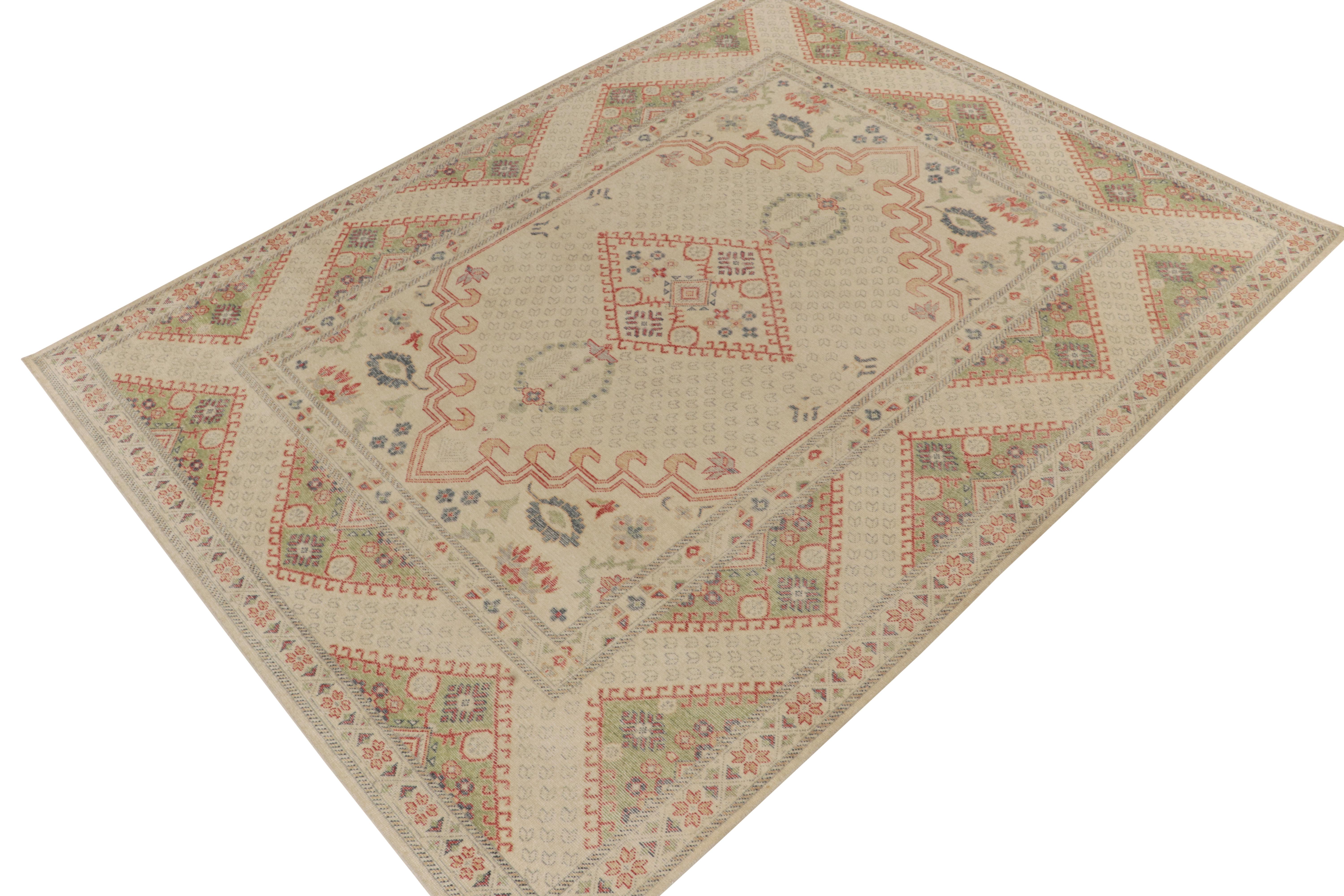 From Rug & Kilim’s Homage Collection, a 9x12 hand-knotted wool rug inspired by turn-of-the-century antique Ghiordes rugs. 

On the Design: The vision enjoys a sophisticated play of regal geometry in greige and green, with red accents especially