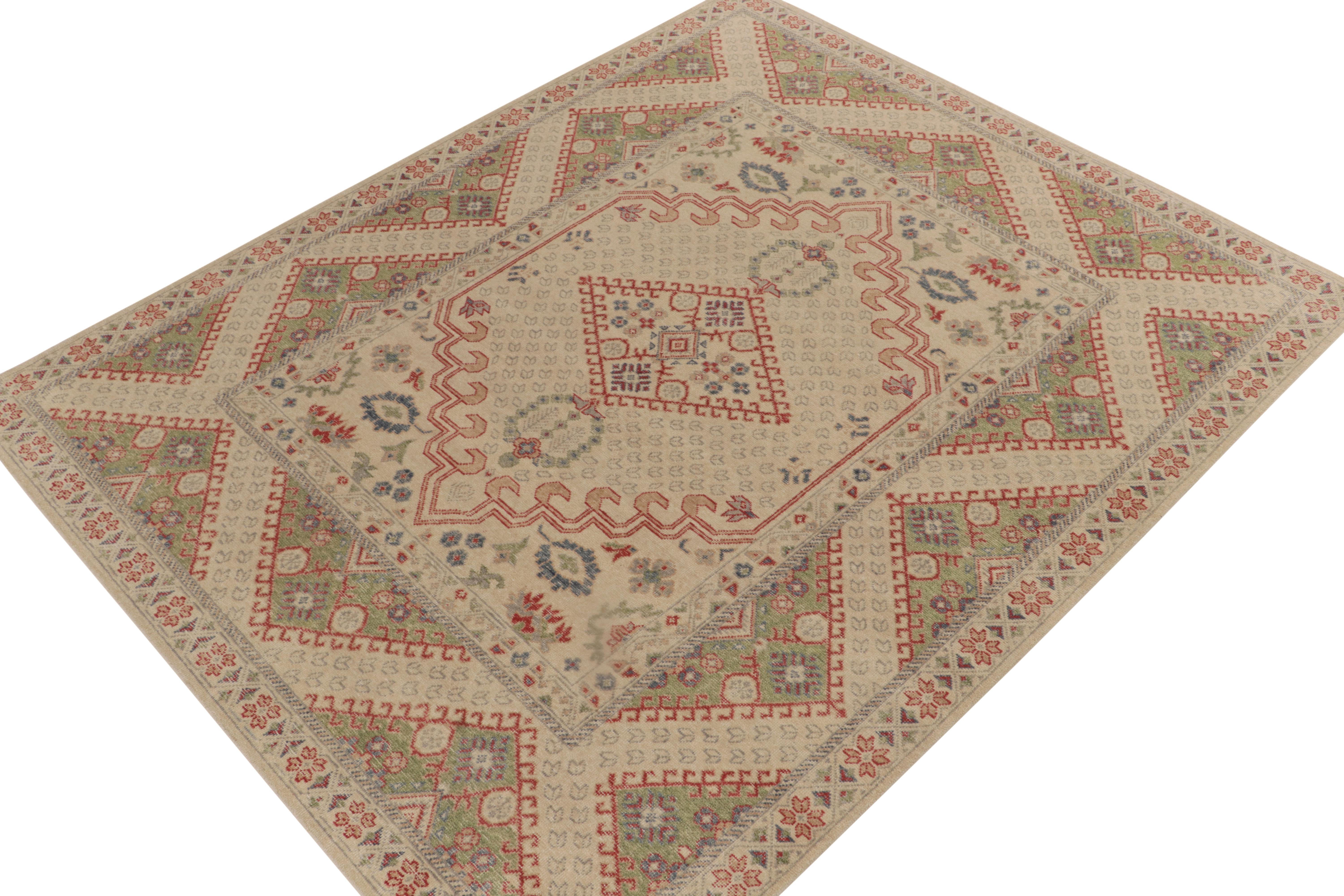 From Rug & Kilim’s Homage Collection, an 8x10 hand-knotted wool rug inspired by turn-of-the-century antique Ghiordes rugs. 

On the Design: The vision enjoys a sophisticated play of regal geometry in greige and green, with red accents especially