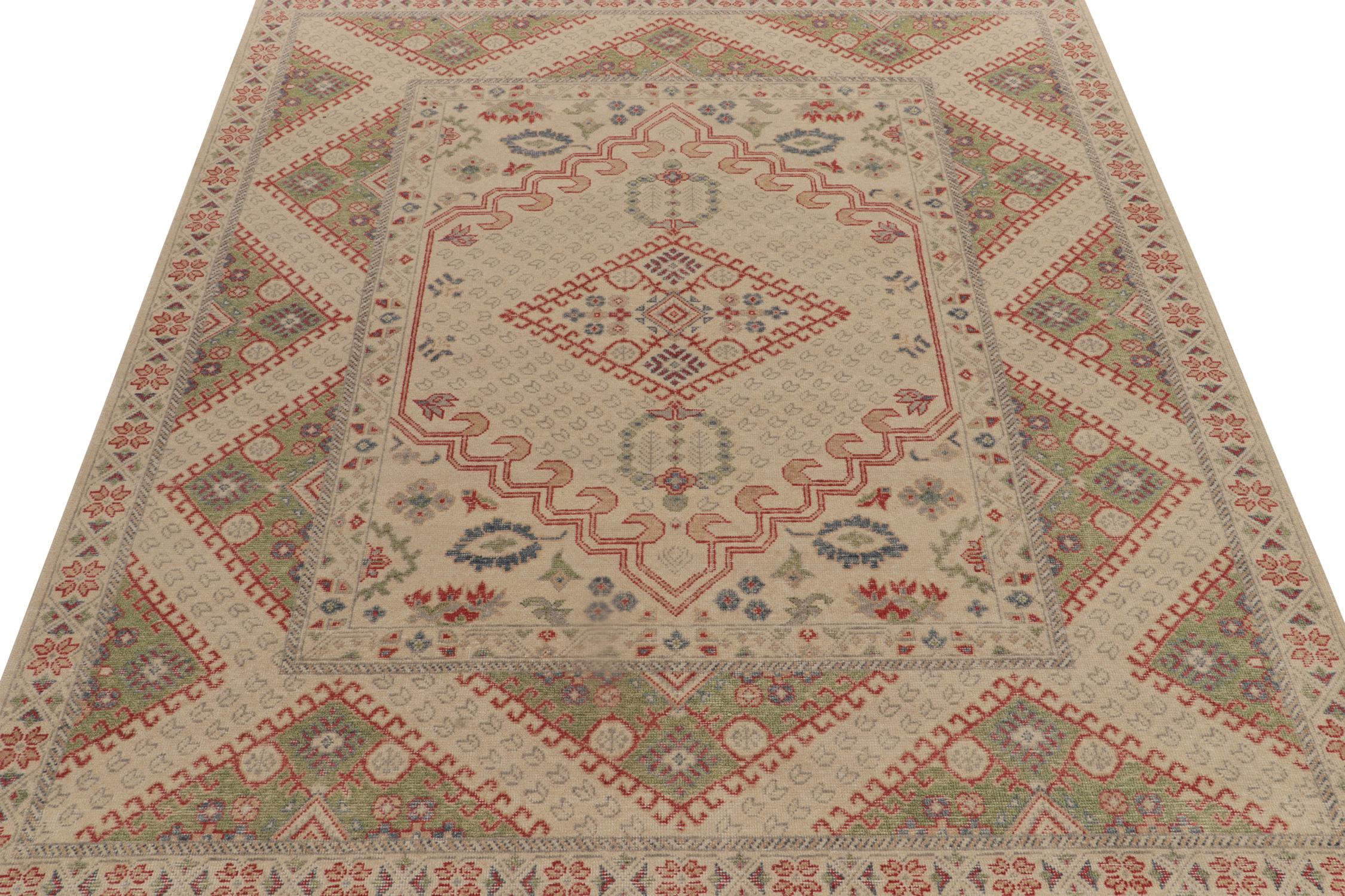 Other Rug & Kilim’s Distressed Ghiordes Style Rug in Greige, Green, Red Medallion For Sale