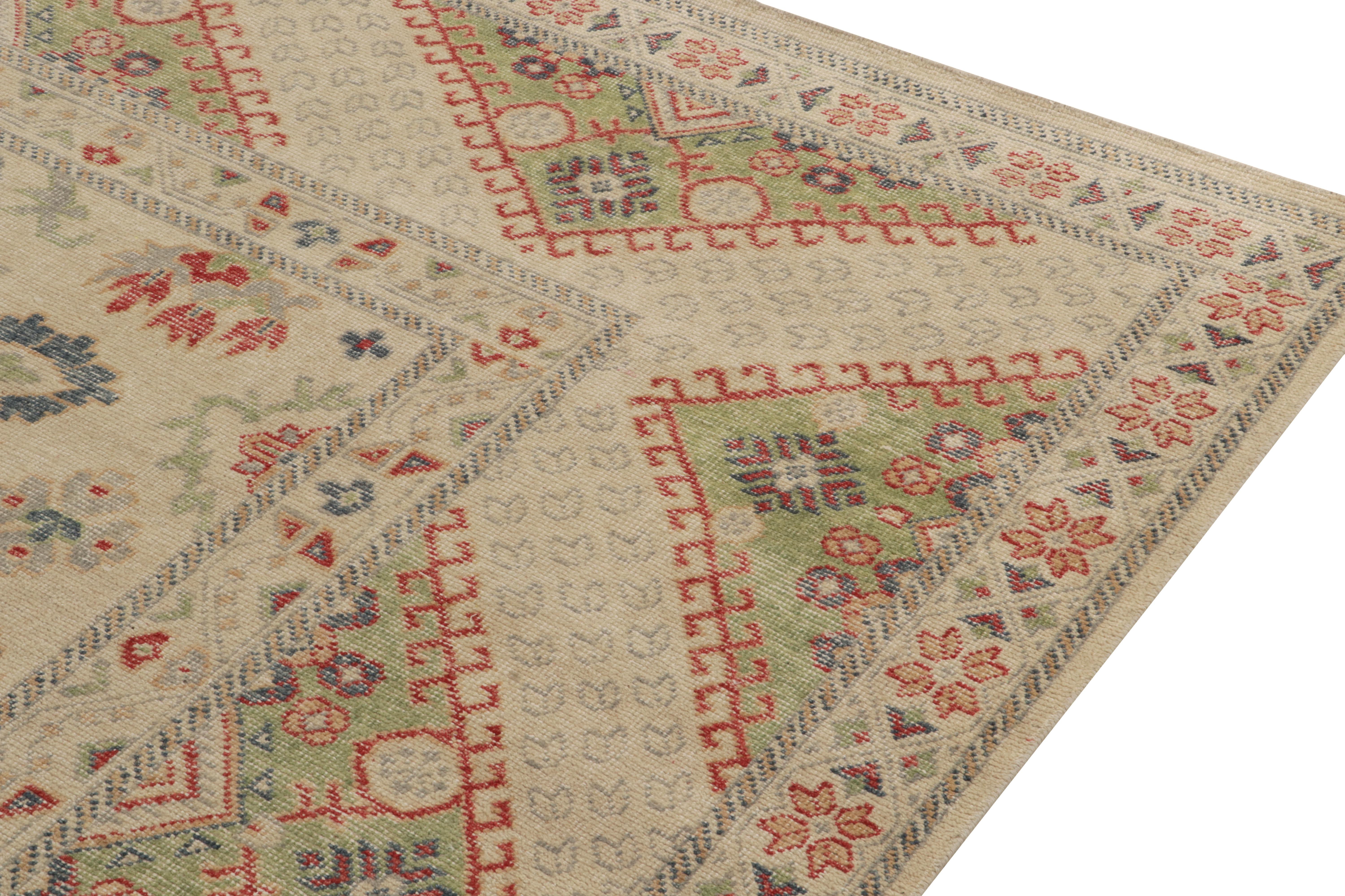 Indian Rug & Kilim’s Distressed Ghiordes Style Rug in Greige, Green, Red Medallion For Sale