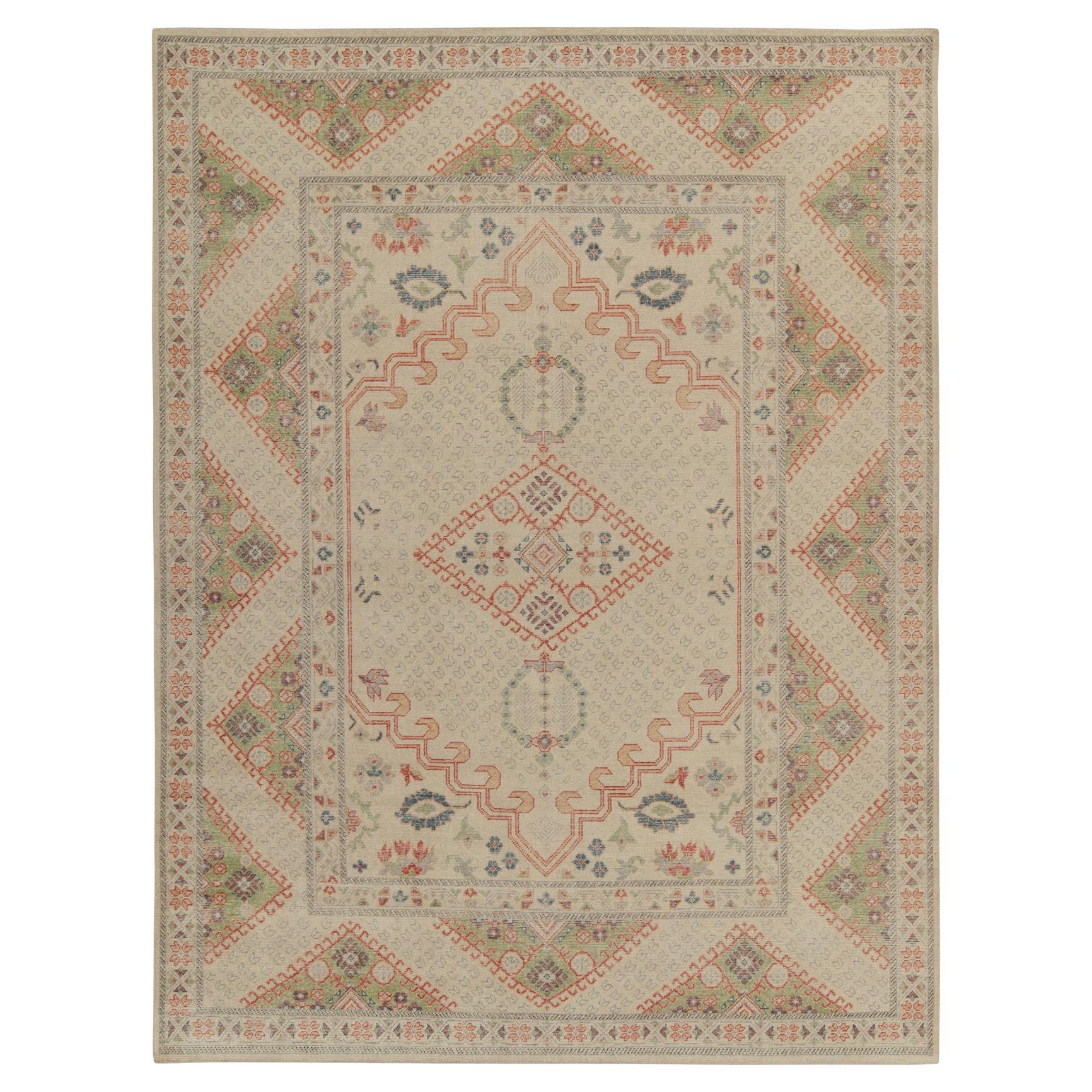 Rug & Kilim’s Distressed Ghiordes Style Rug in Greige, Green, Red Medallion For Sale