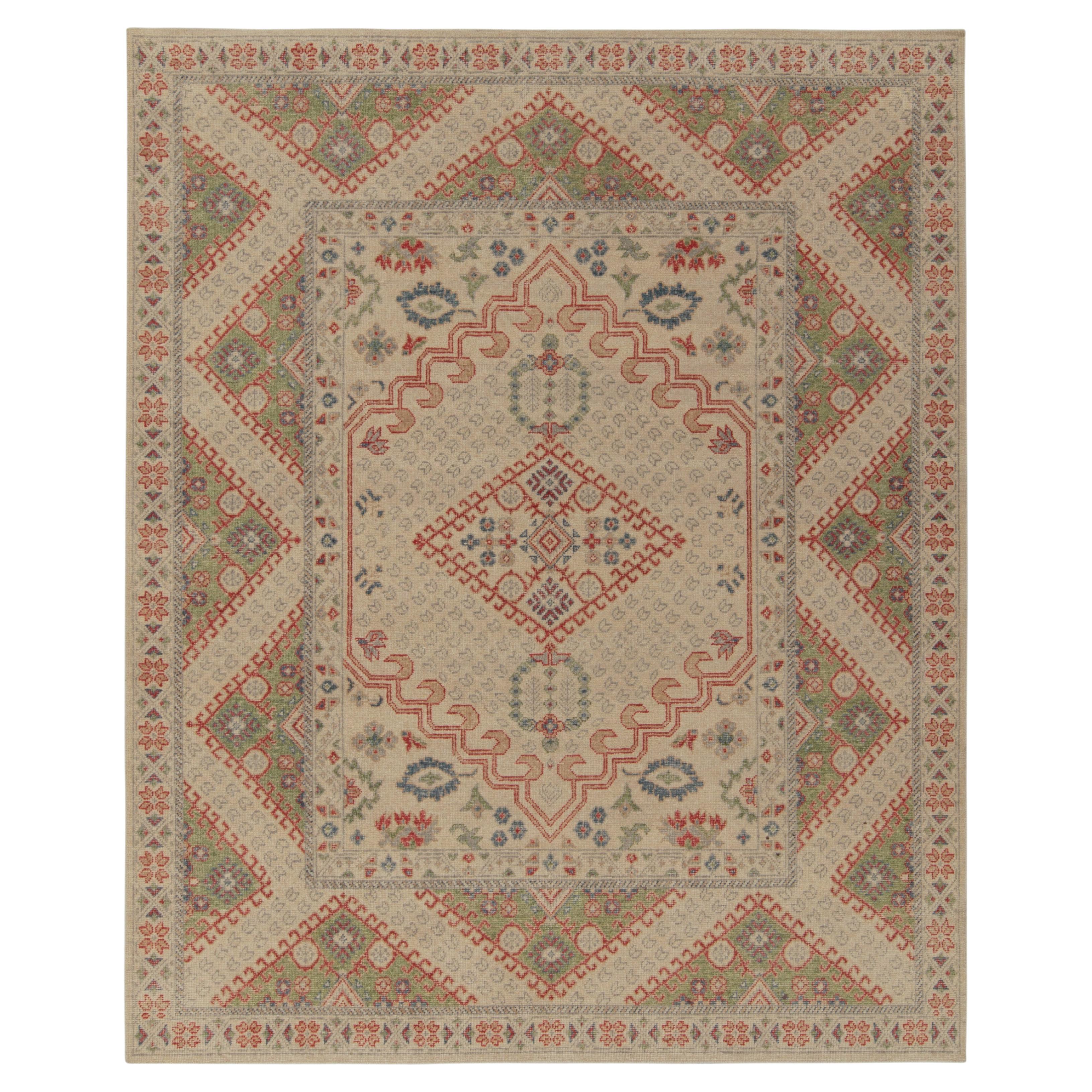 Rug and Kilim’s Distressed Ghiordes Style Rug in Beige with Green and ...