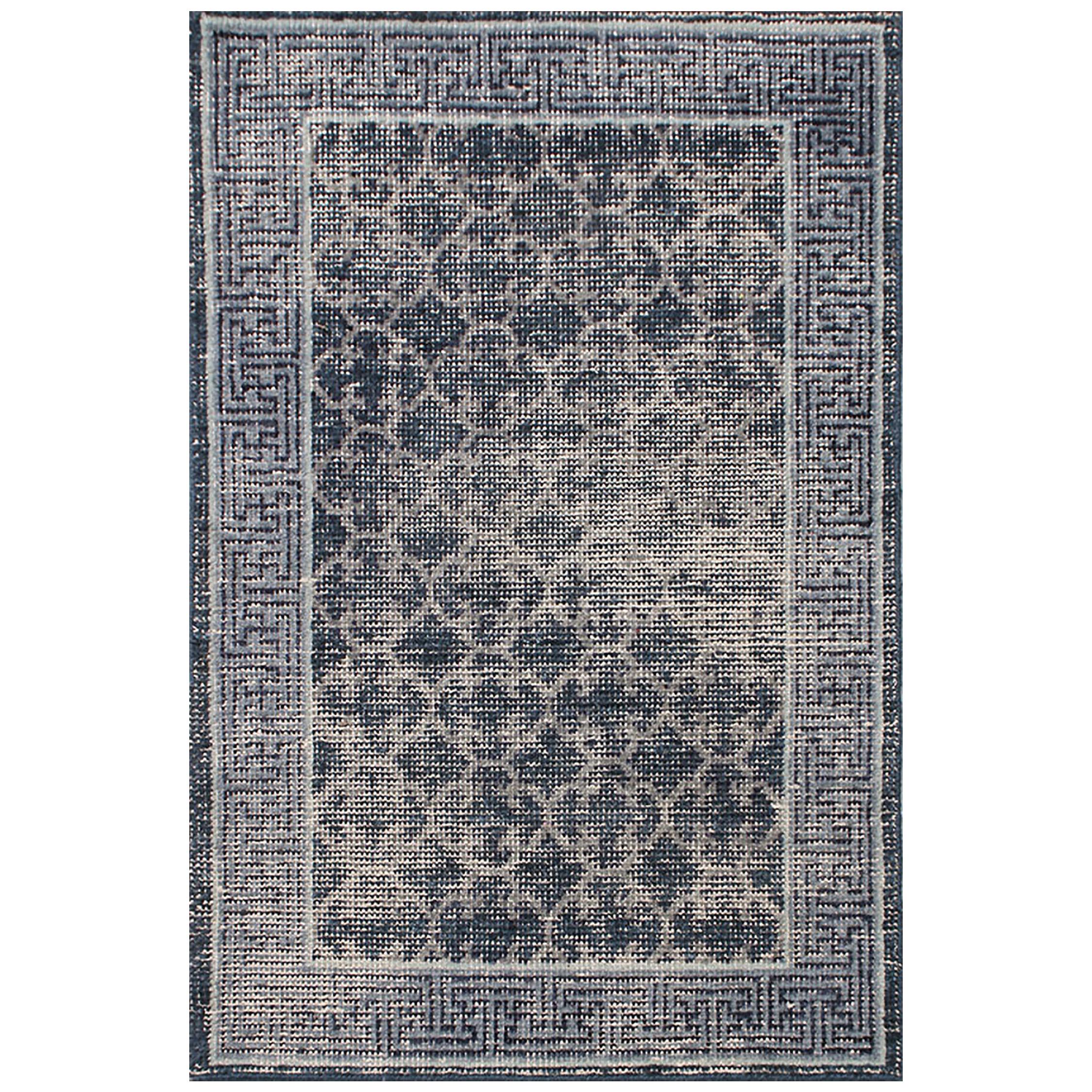 Rug & Kilim’s Distressed Gift Sized Rug, Blue Khotan Style Geometric Design