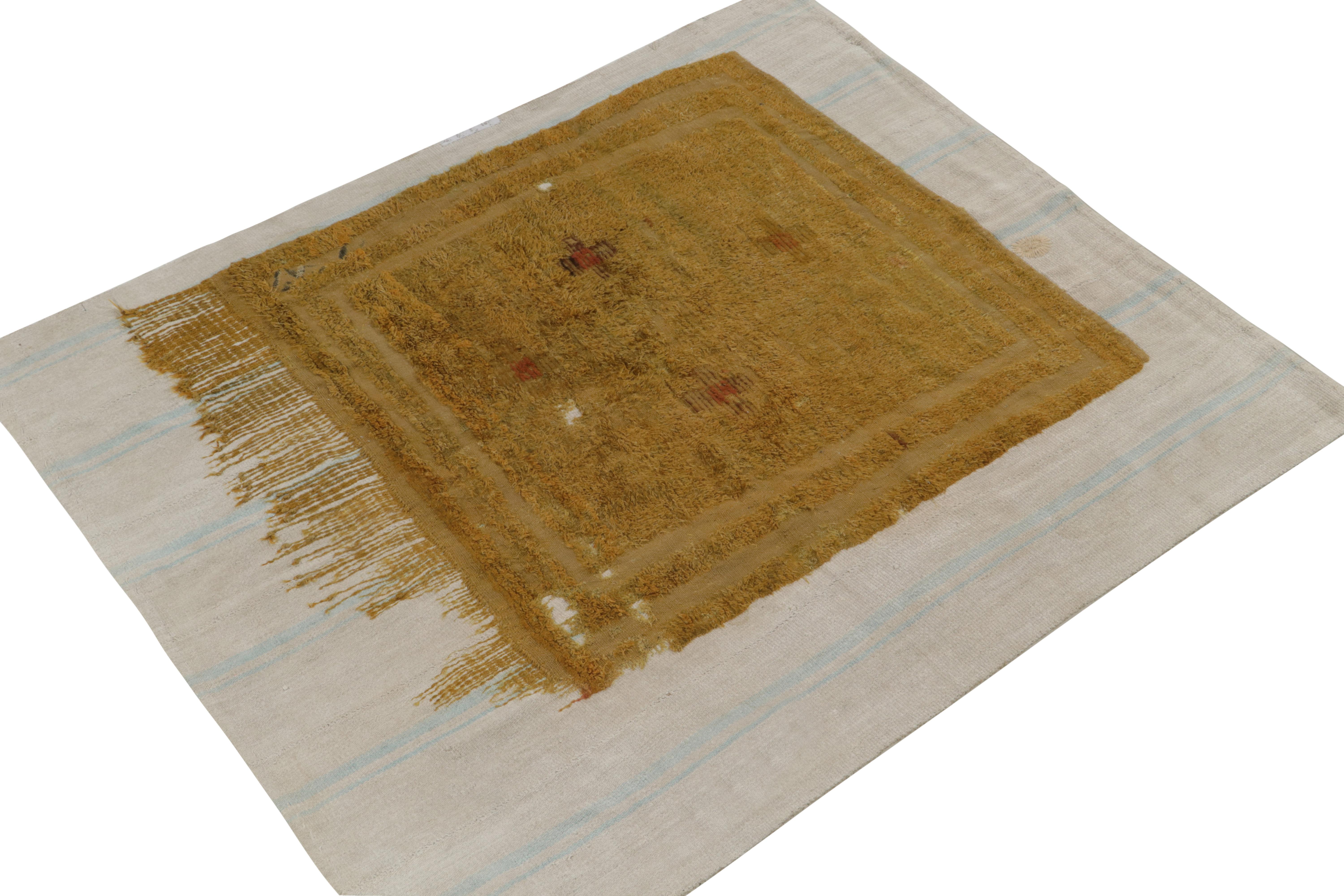 Turkish Rug & Kilim's Distressed Gold Fragment Rug on Gray and Blue Flat Weave For Sale