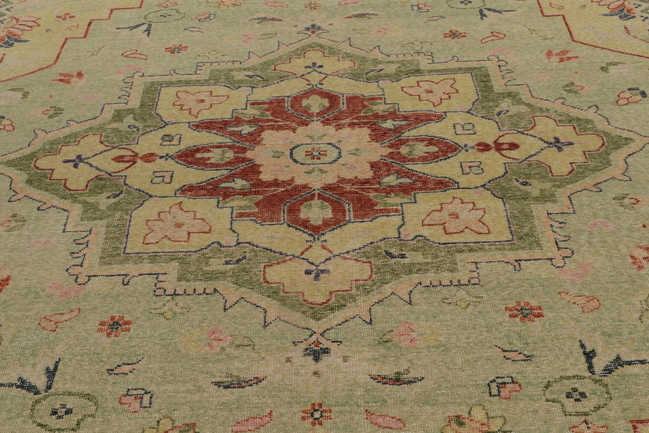 Hand-Knotted Rug & Kilim’s Distressed Heriz-Serapi Style Rug in Green, Pink & Red Medallion For Sale