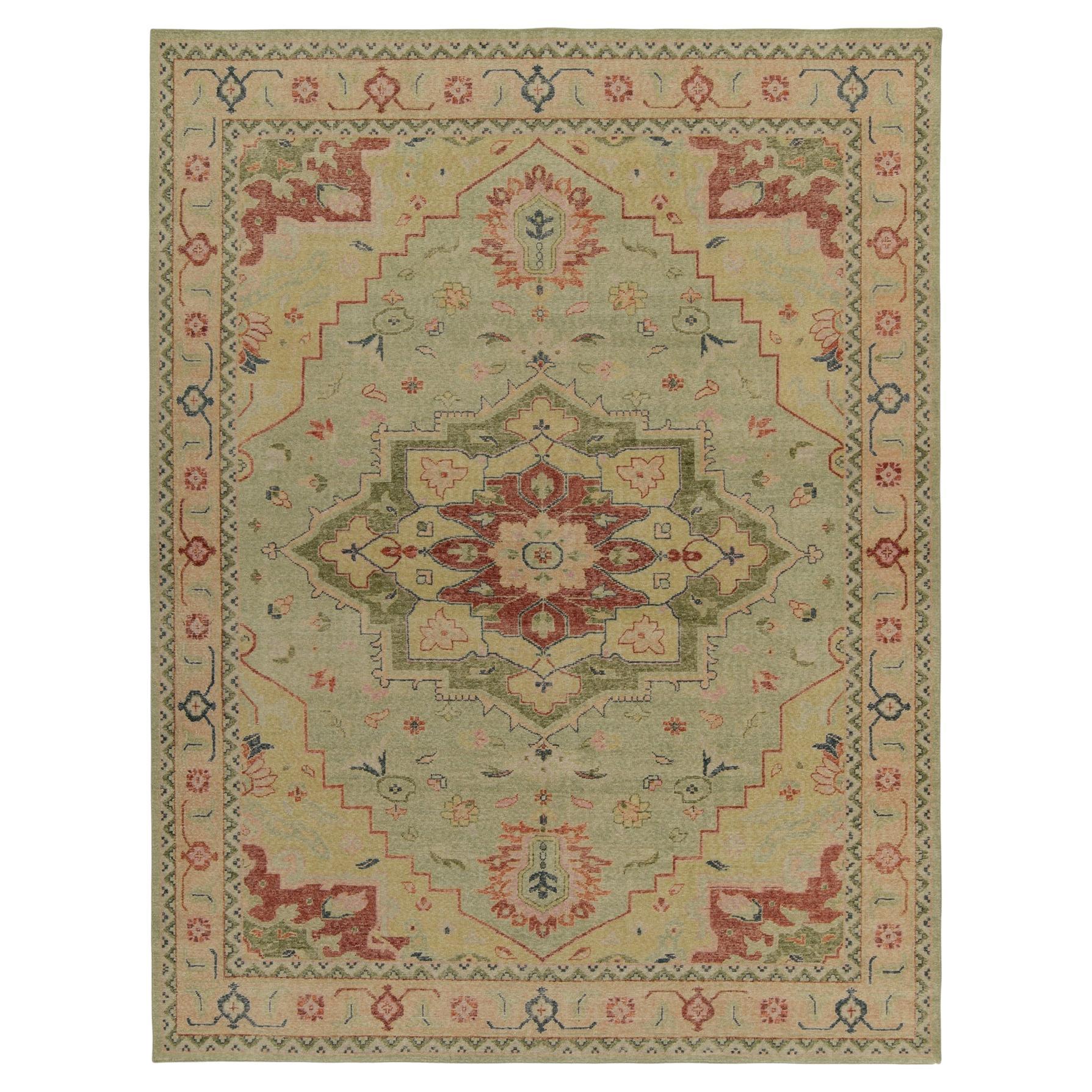 Rug & Kilim’s Distressed Heriz-Serapi Style Rug in Green, Pink & Red Medallion For Sale