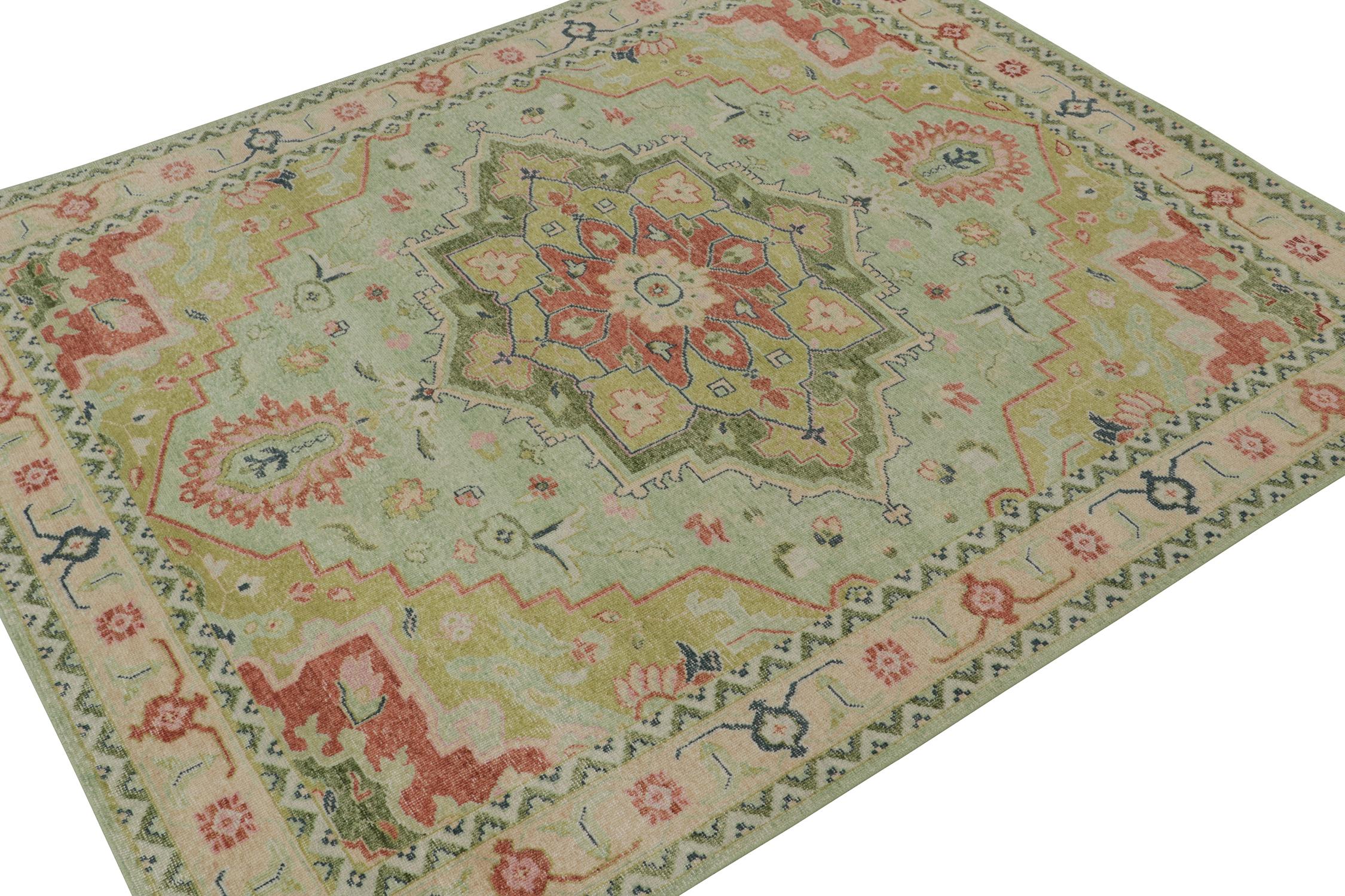 Indian Rug & Kilim’s Distressed Heriz Serapi Style Rug with Green Floral Medallion For Sale