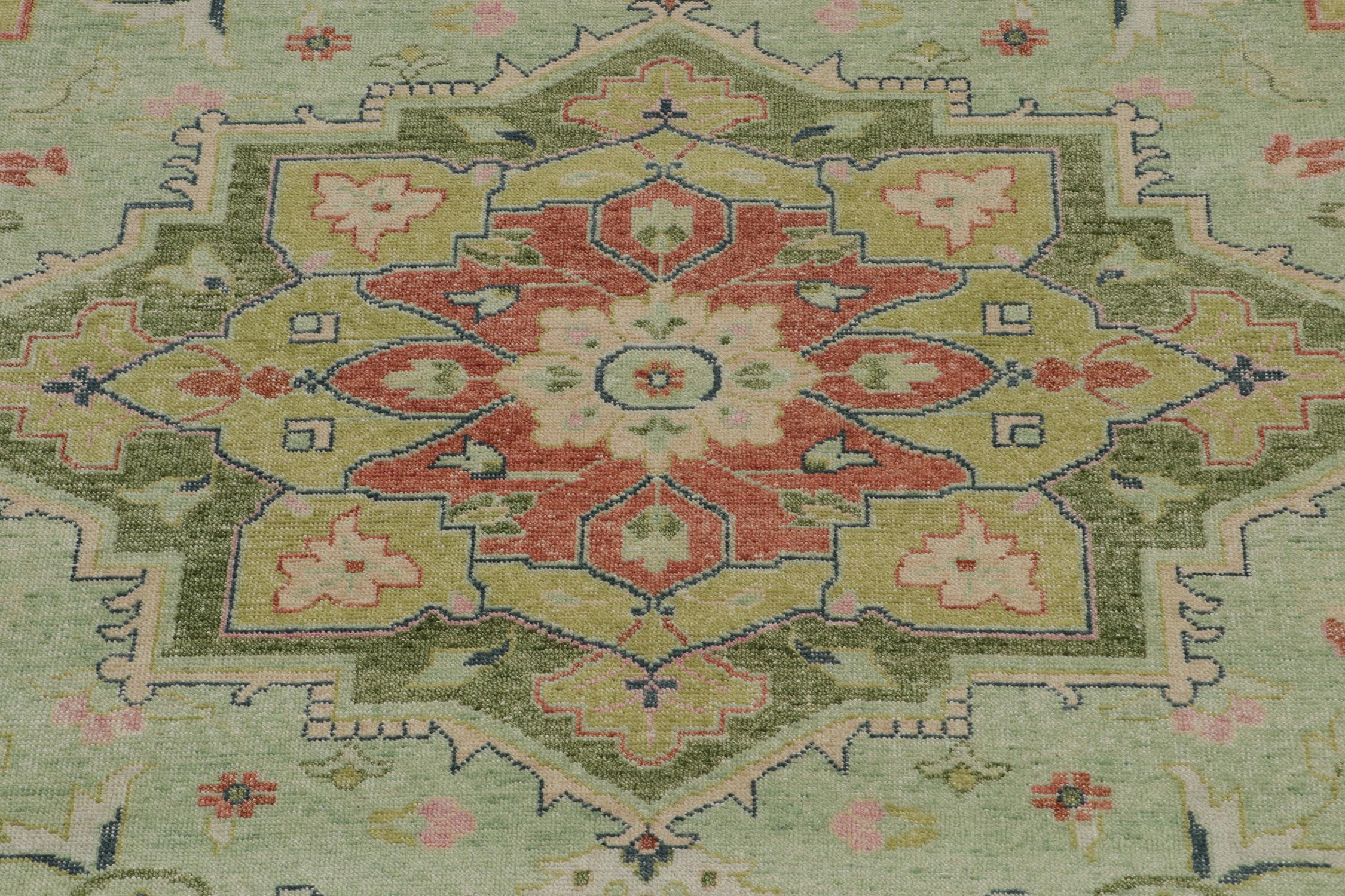 Contemporary Rug & Kilim’s Distressed Heriz Serapi Style Rug with Green Floral Medallion For Sale