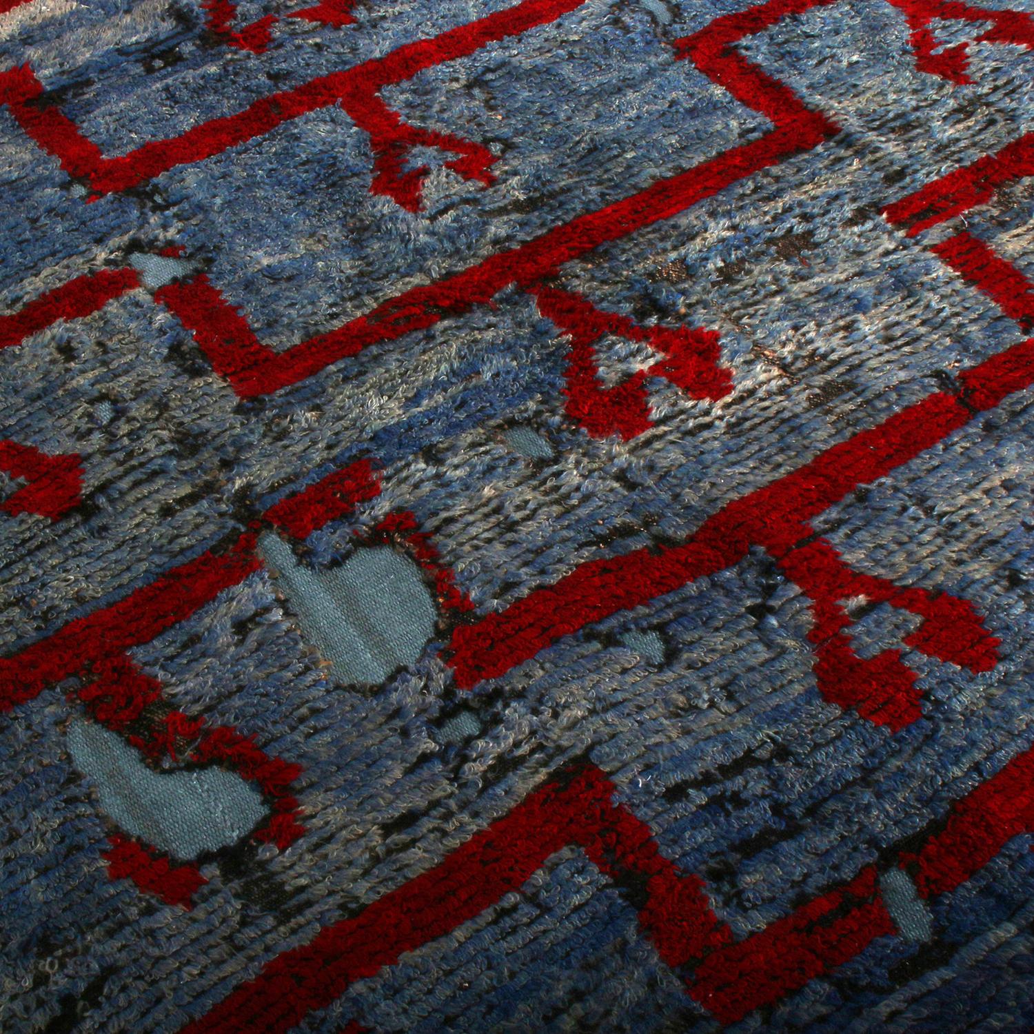 Turkish Rug & Kilim's Distressed High-Low Square Kilim, Blue, Red Geometric Pattern For Sale