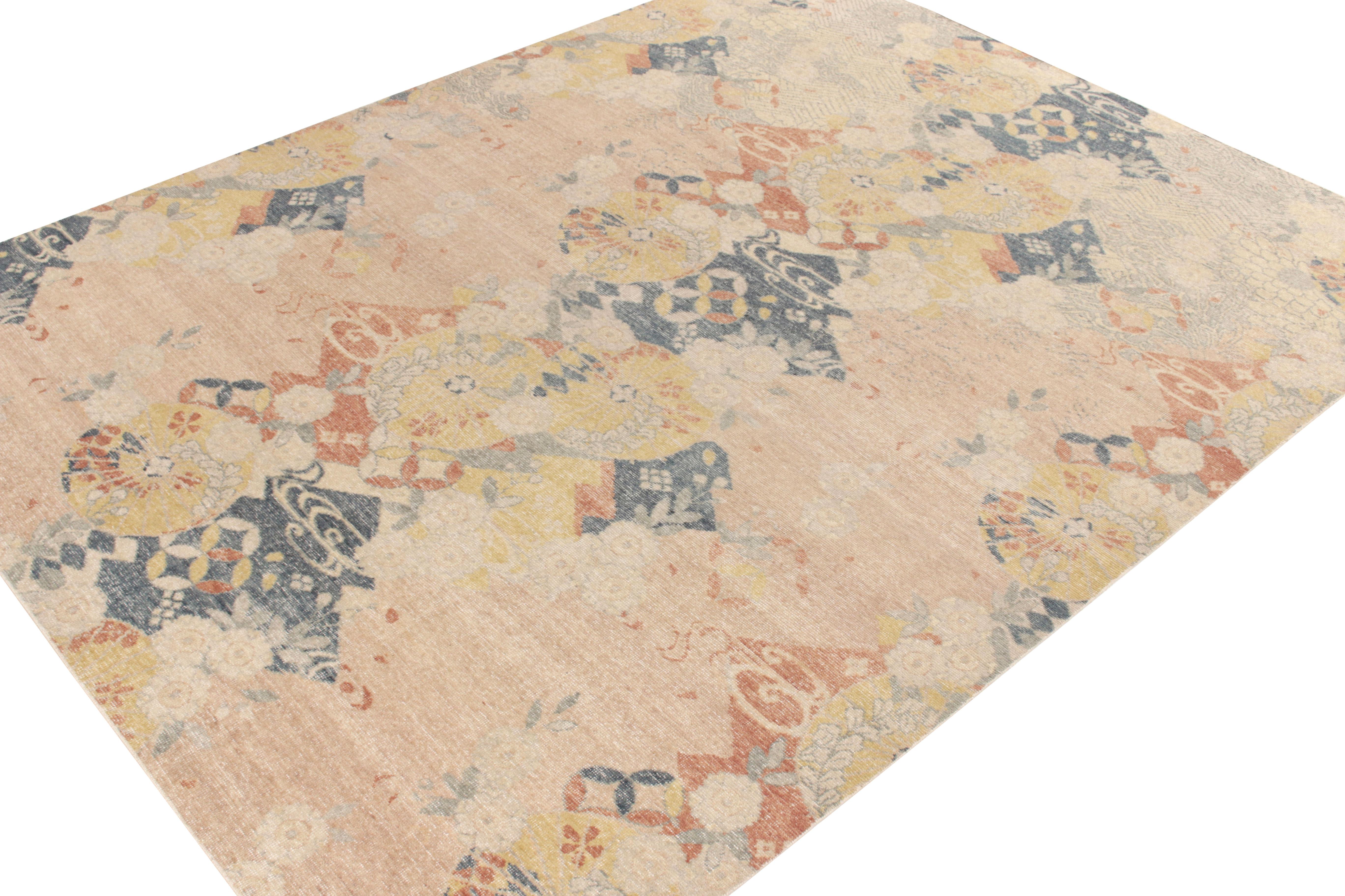 Rug & Kilim's Distressed Japanese Deco Style Teppich in Blau, Rosa All over Muster (Art déco) im Angebot