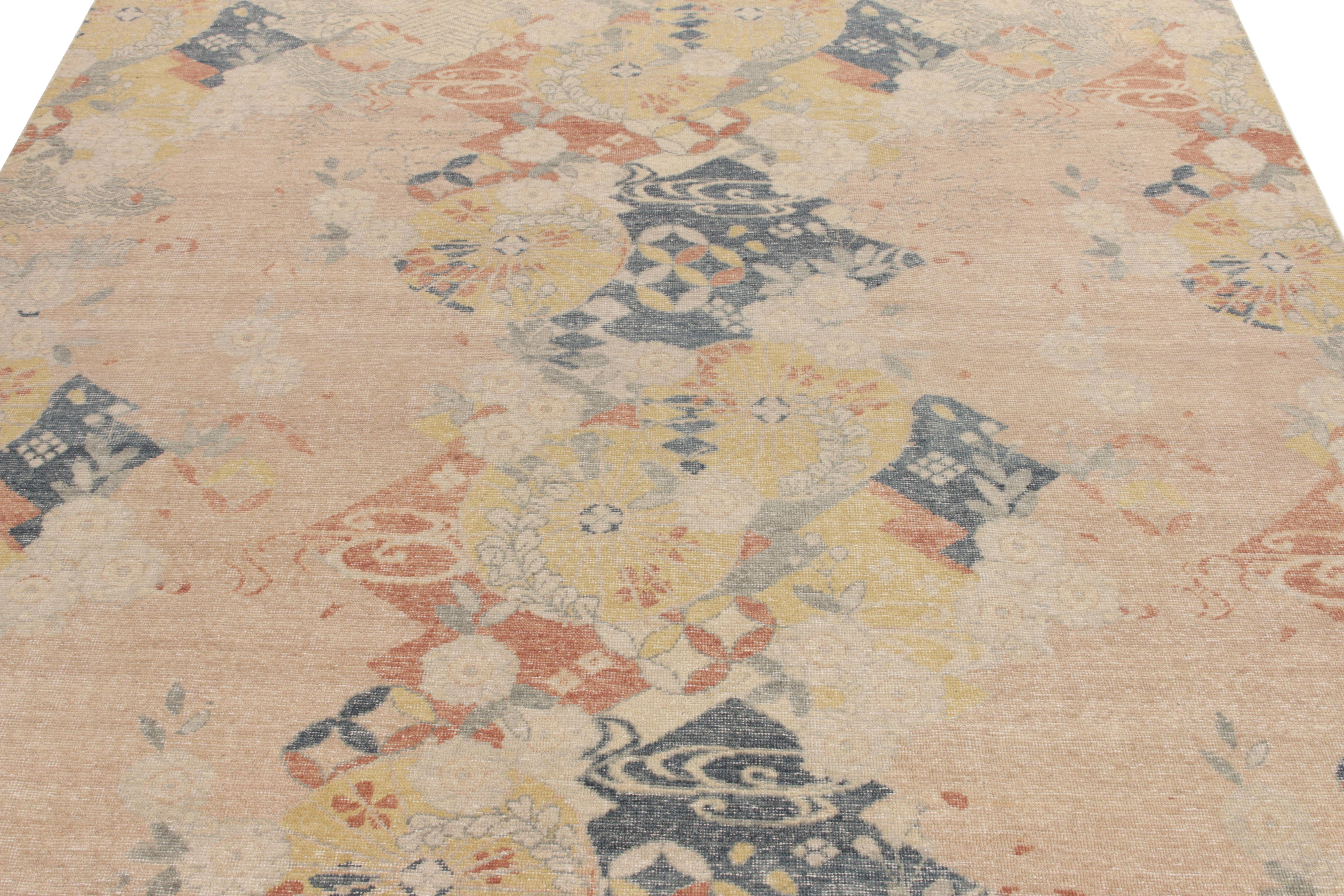 Indian Rug & Kilim's Distressed Japanese Deco Style Rug in Blue, Pink All over Pattern For Sale