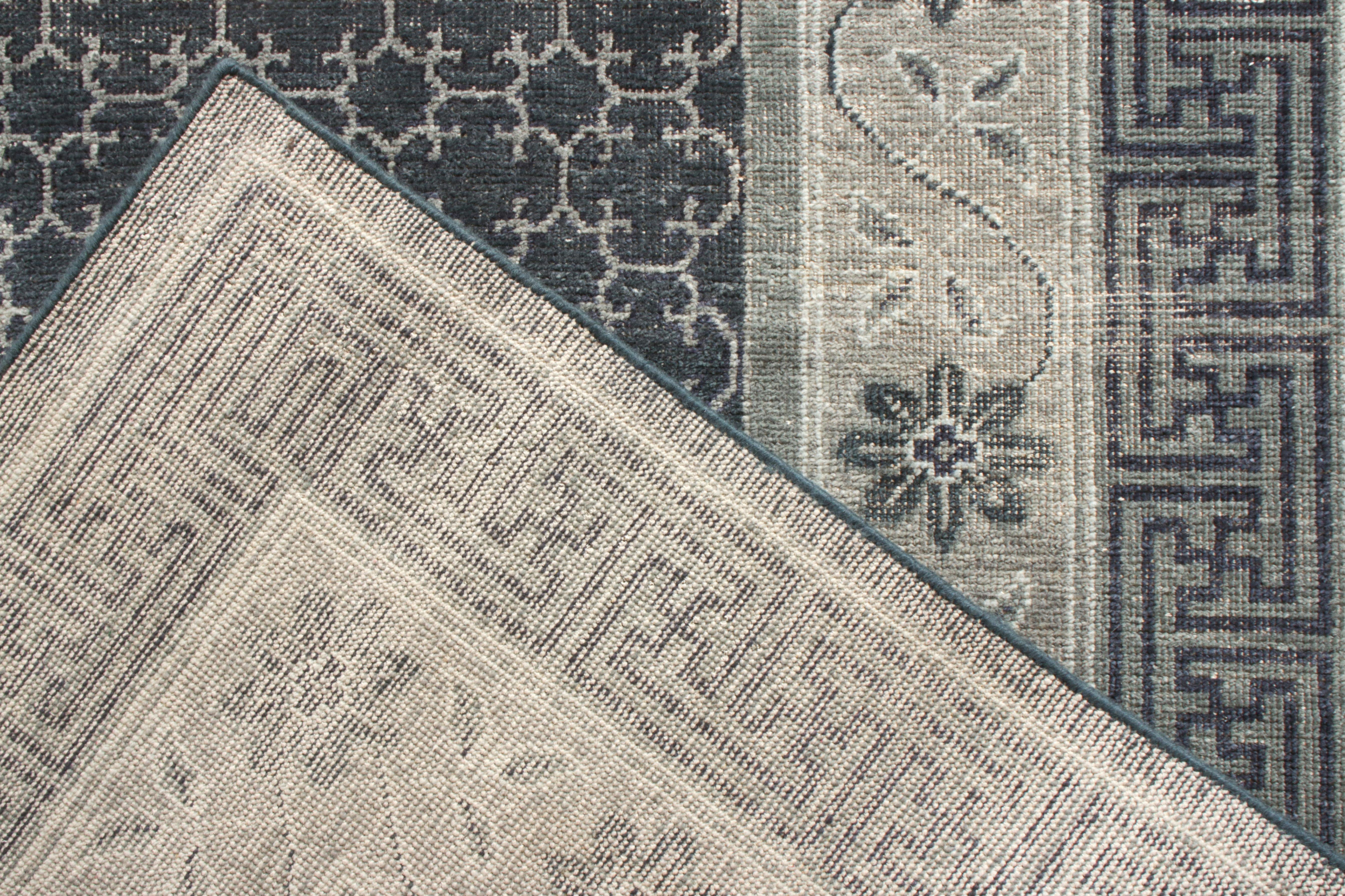 Rug & Kilim’s Distressed Khotan Style Custom Rug, Blue Grey Geometric Pattern In New Condition For Sale In Long Island City, NY