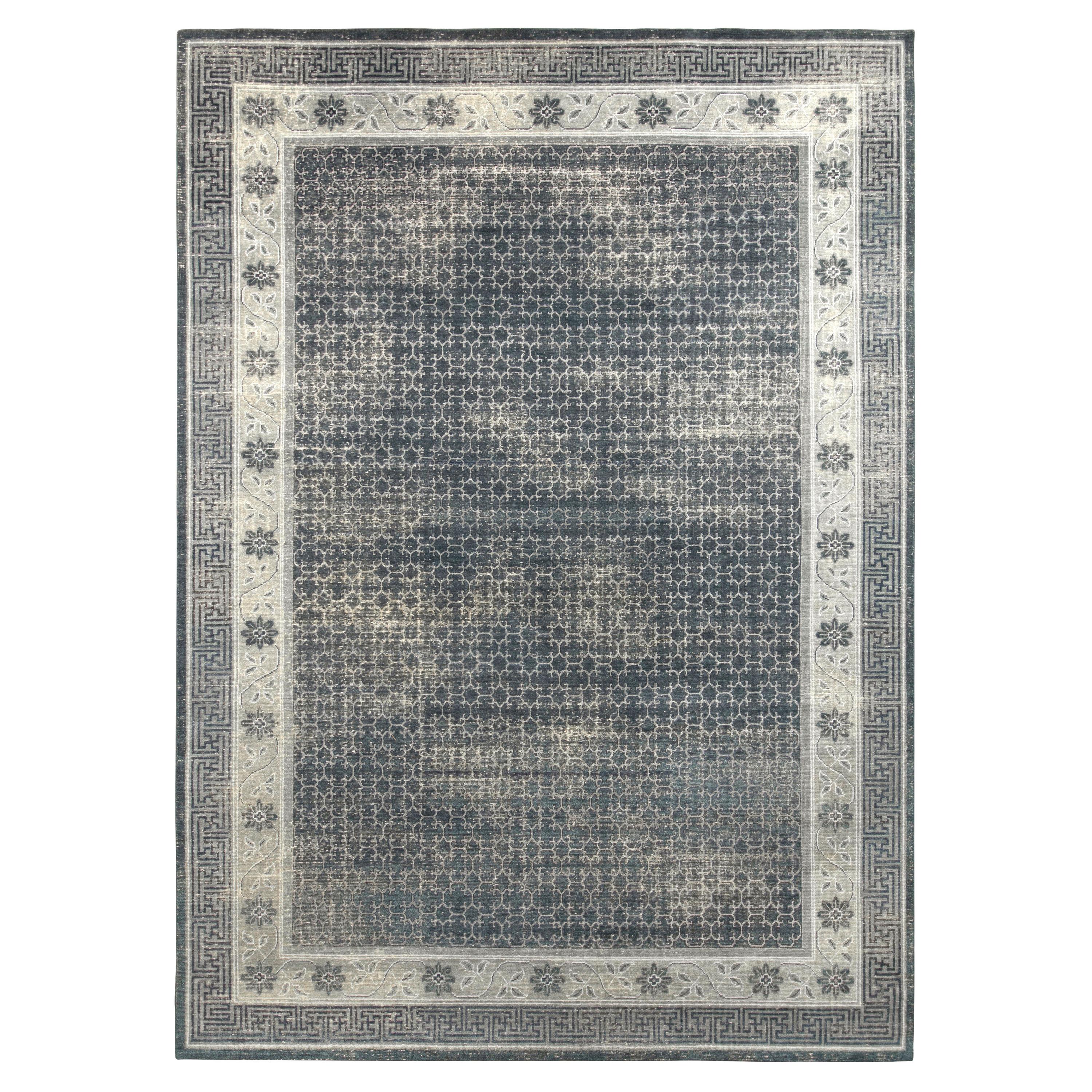 Teppich & Kilims, maßgefertigter Teppich im Khotan-Stil, blau-grau-geometrisches Muster