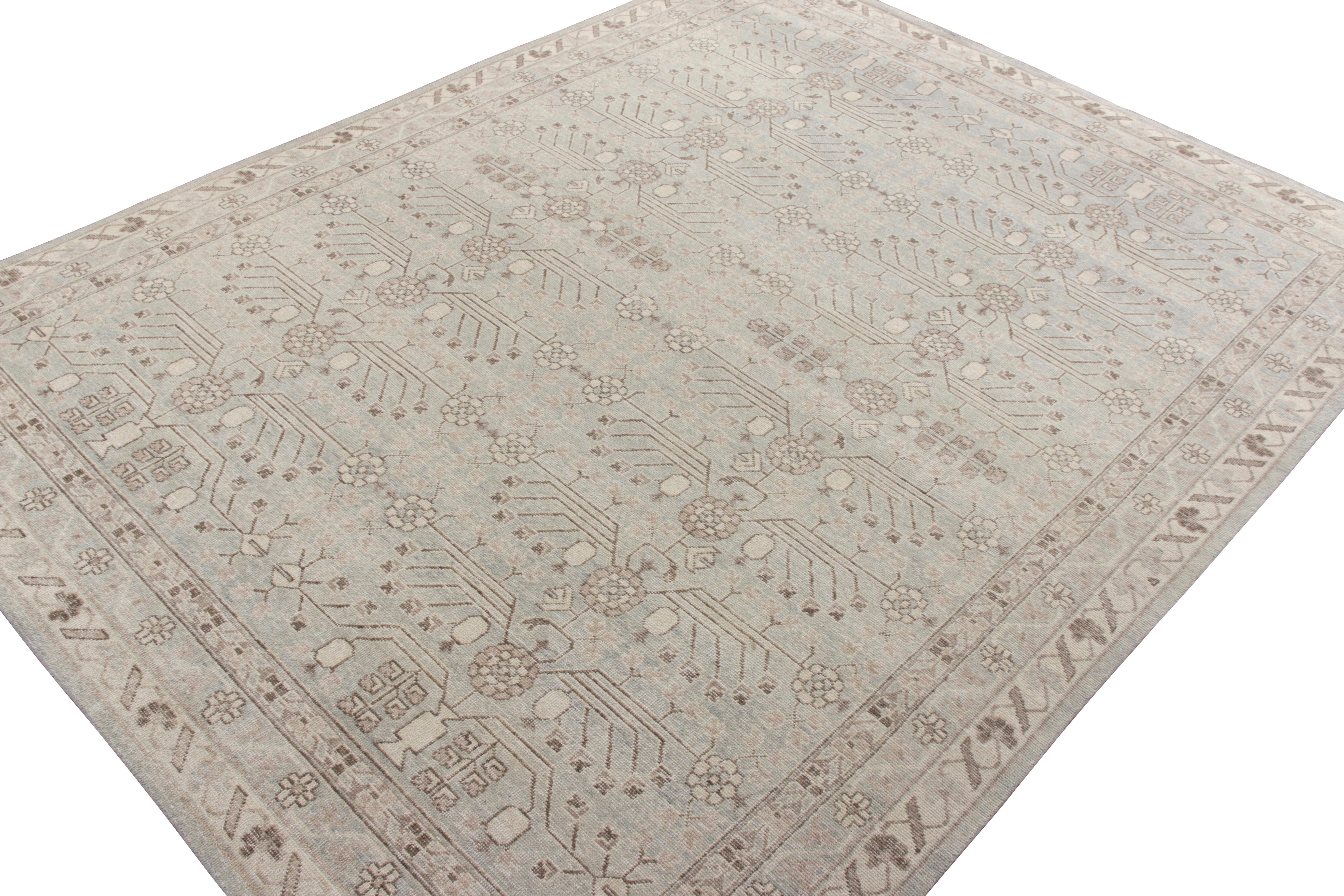 Indian Rug & Kilim’s Distressed Khotan Style Custom Rug in Blue, Gray Geometric Pattern For Sale