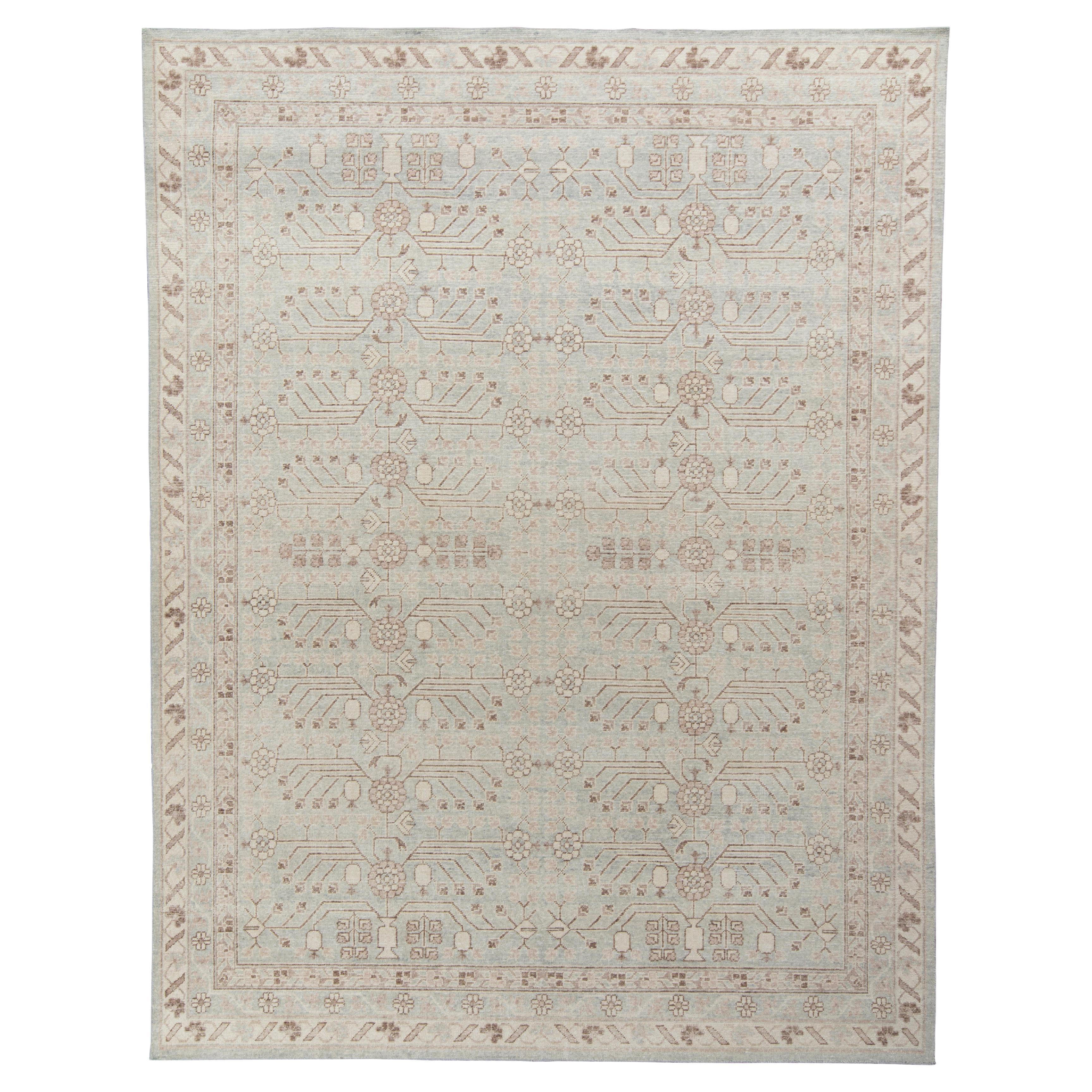 Rug & Kilim’s Distressed Khotan Style Custom Rug in Blue, Gray Geometric Pattern For Sale