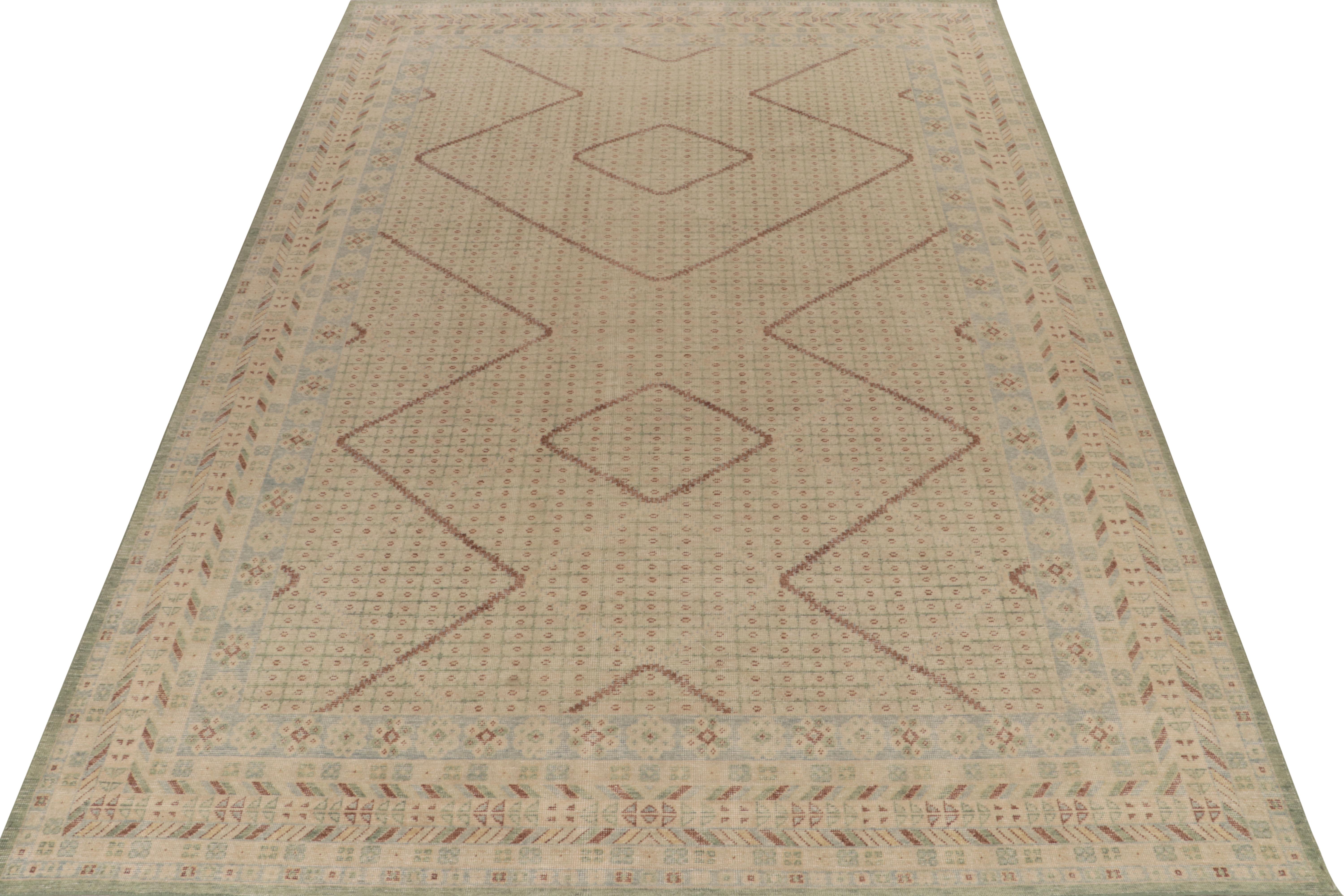 Indian Rug & Kilim’s Distressed Khotan Style Rug in Beige-Brown, Green and Blue Pattern For Sale