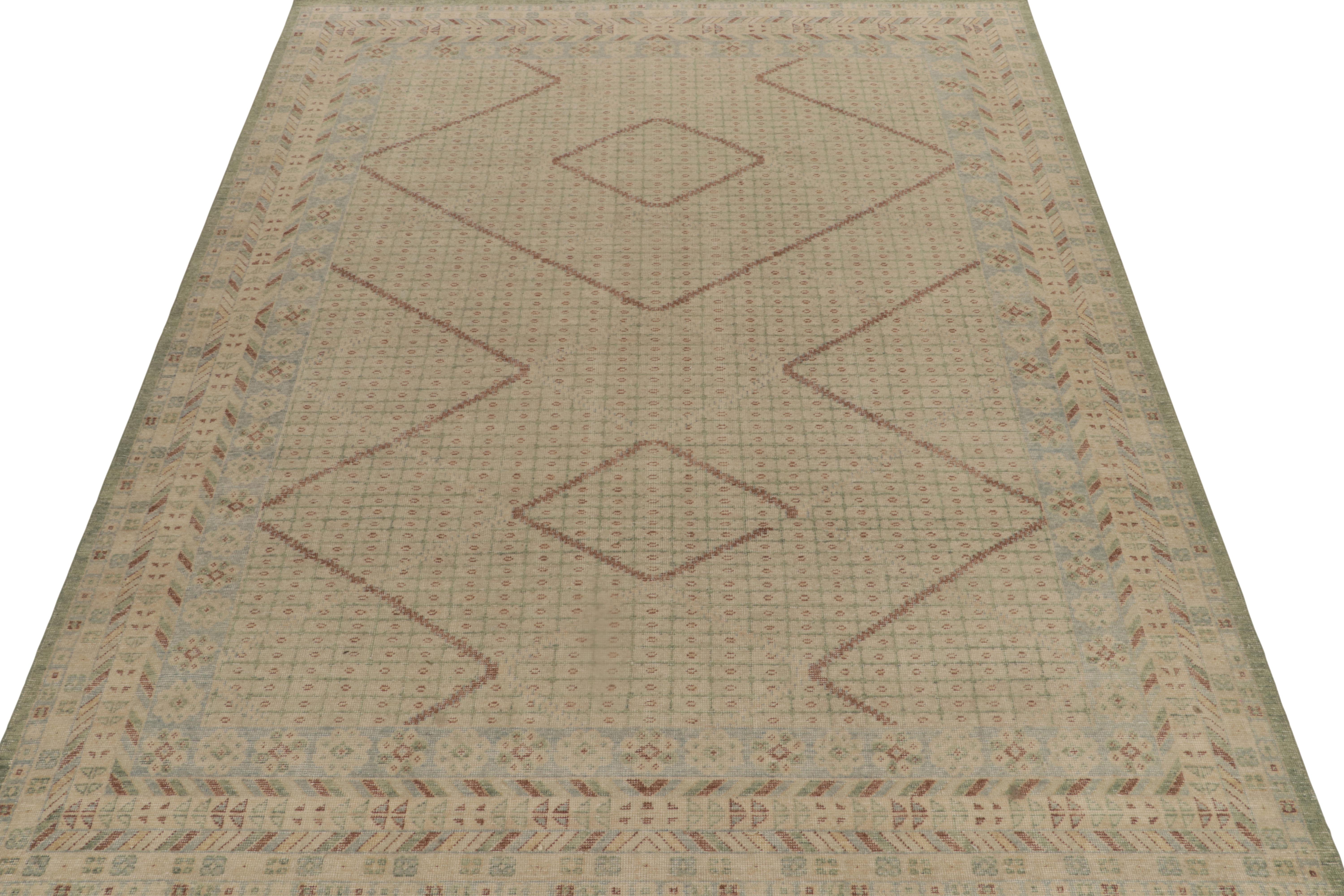 Modern Rug & Kilim’s Distressed Khotan Style Rug in Beige-Brown, Green and Blue Pattern For Sale