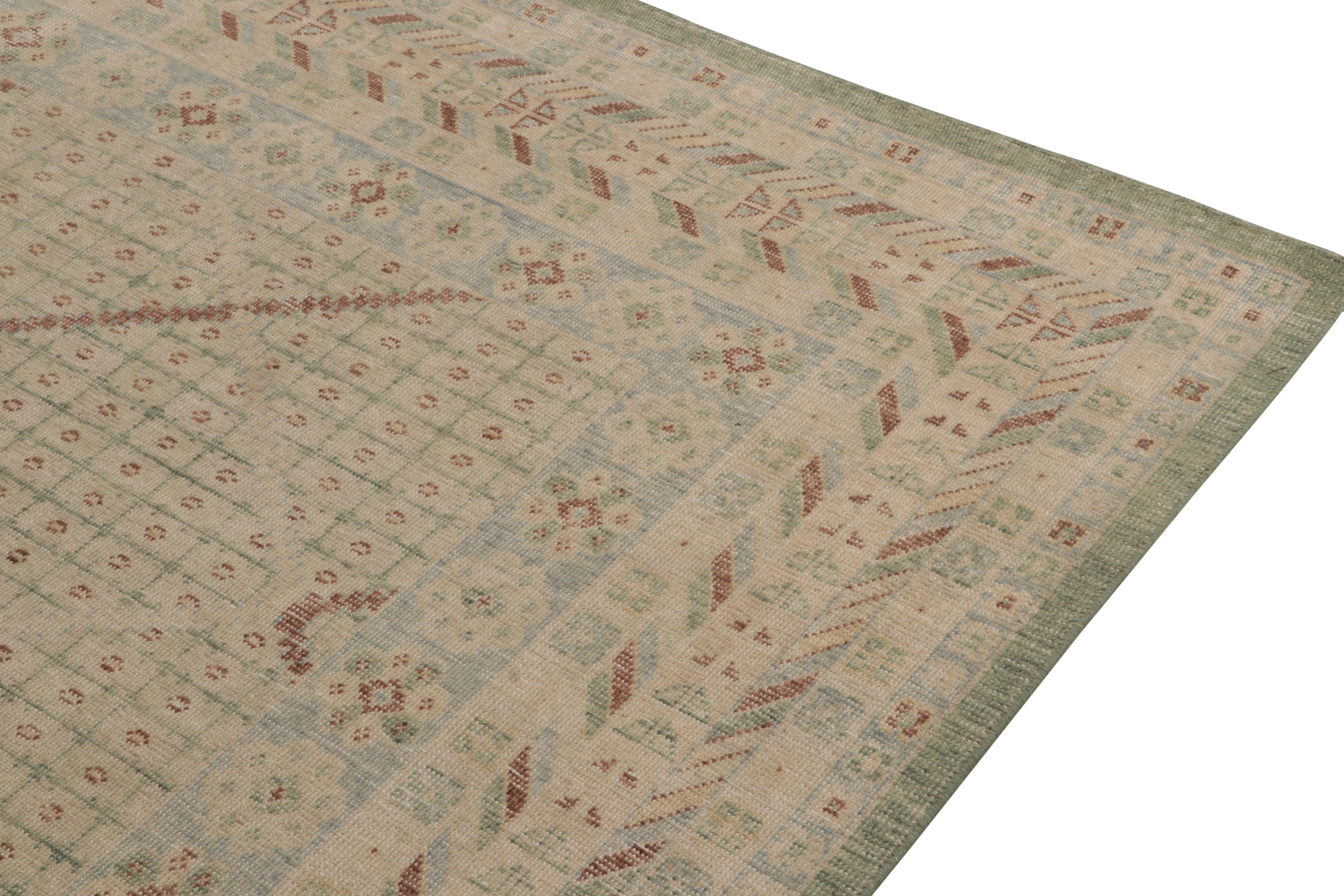 Rug & Kilim’s Distressed Khotan Style Rug in Beige-Brown, Green and Blue Pattern In New Condition For Sale In Long Island City, NY