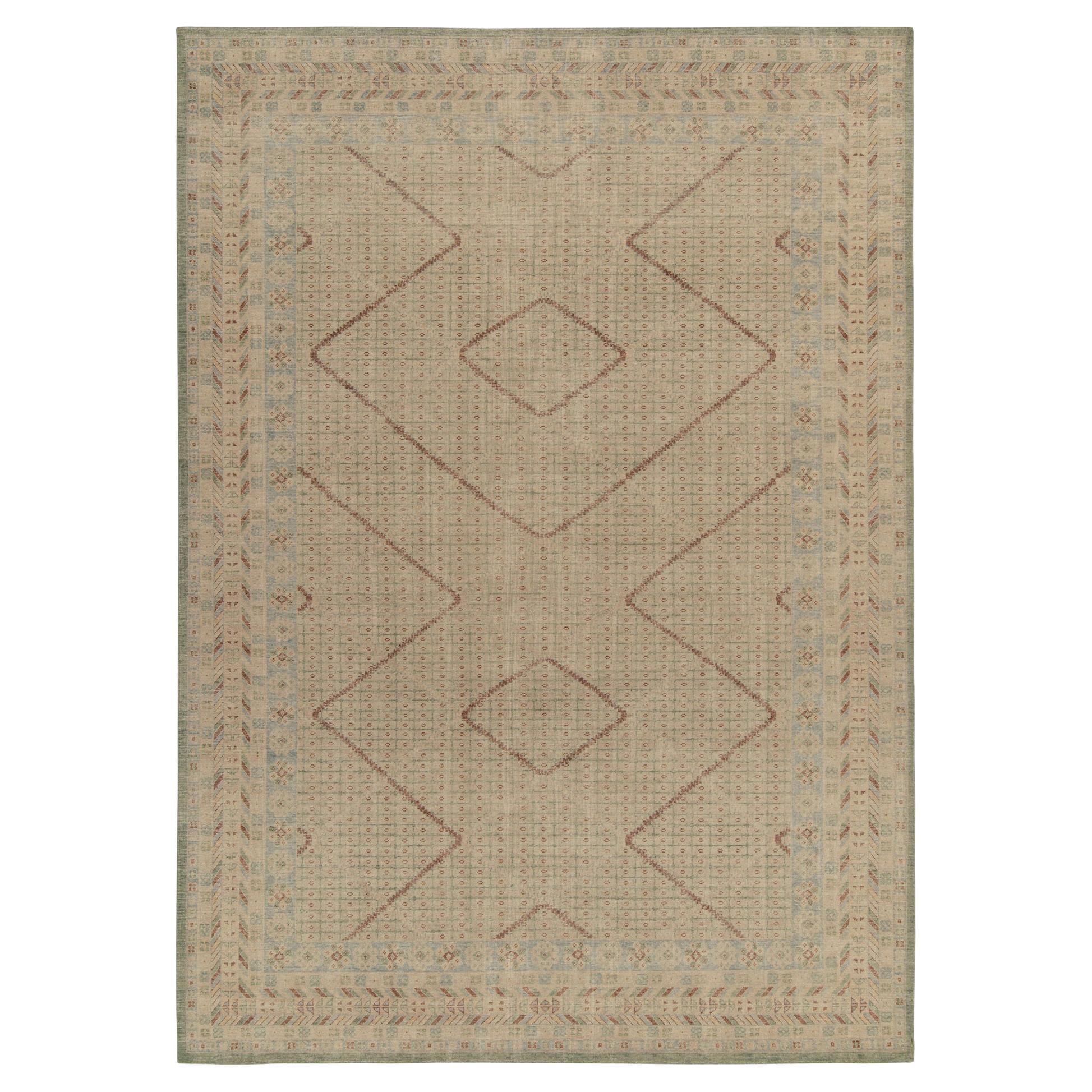 Rug & Kilim’s Distressed Khotan Style Rug in Beige-Brown, Green and Blue Pattern For Sale
