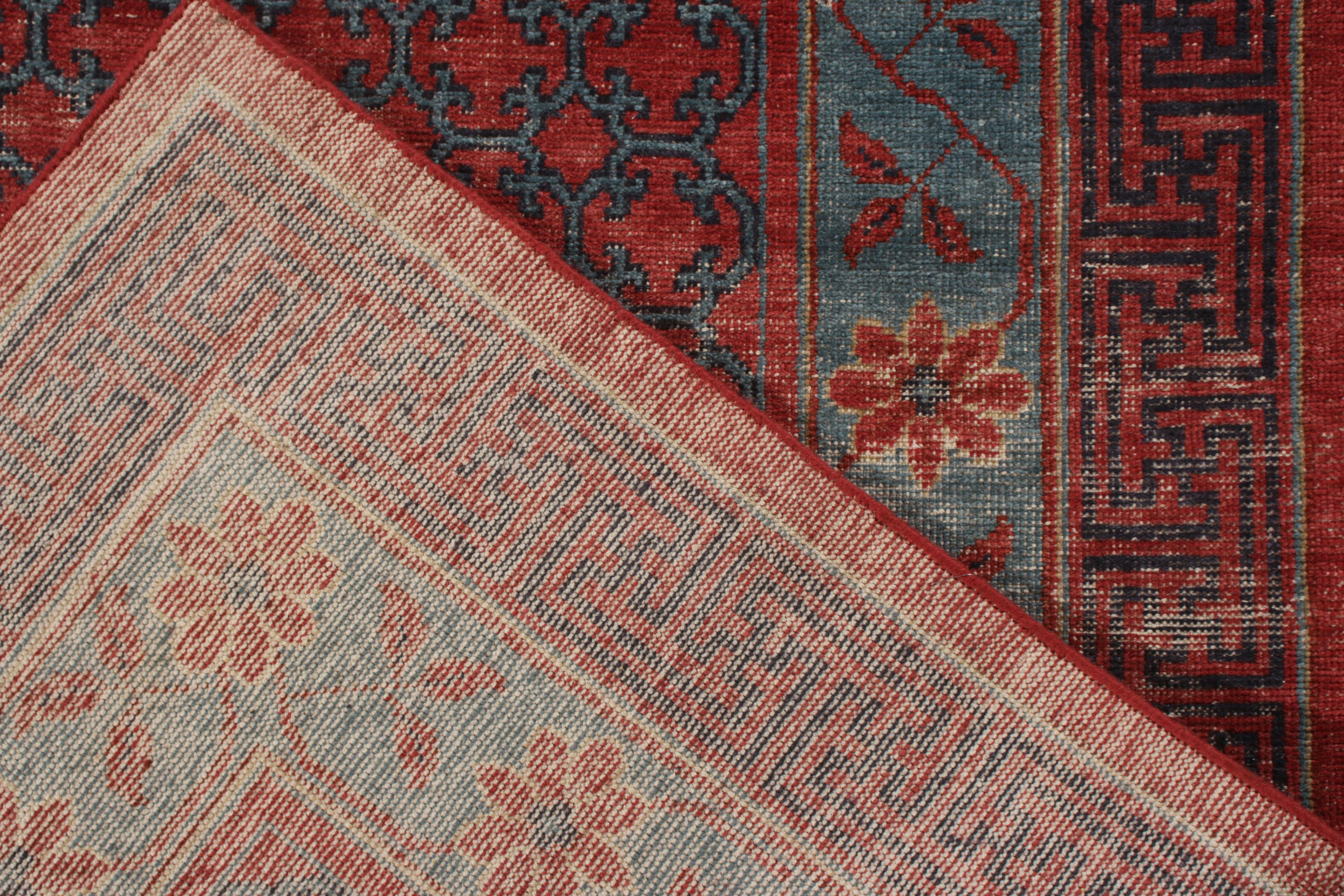 Hand-Knotted Rug & Kilim’s Distressed Khotan Style Rug in Blue and Orange Geometric Pattern For Sale