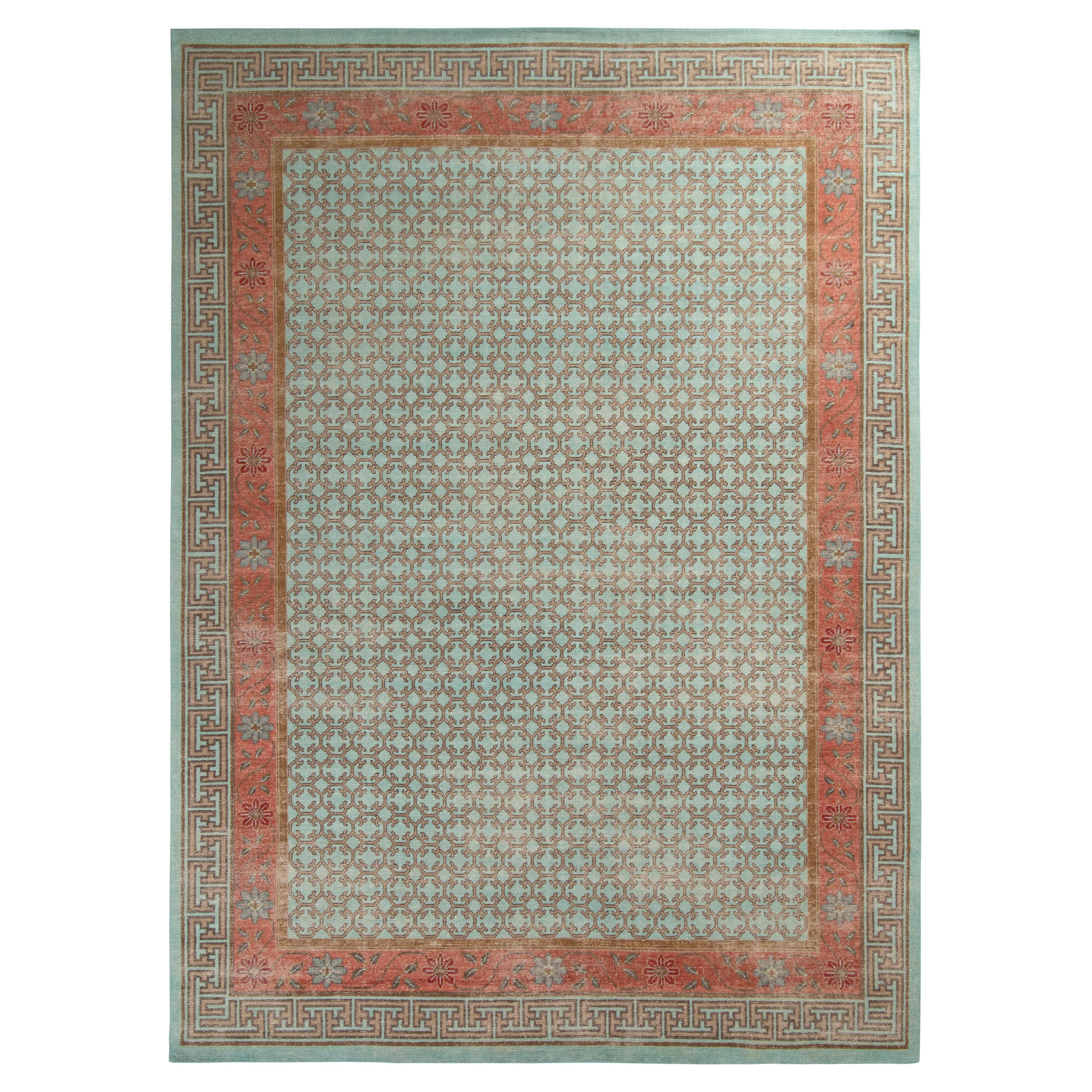 Rug & Kilim’s Distressed Khotan Style Rug in Blue and Orange Geometric Pattern For Sale