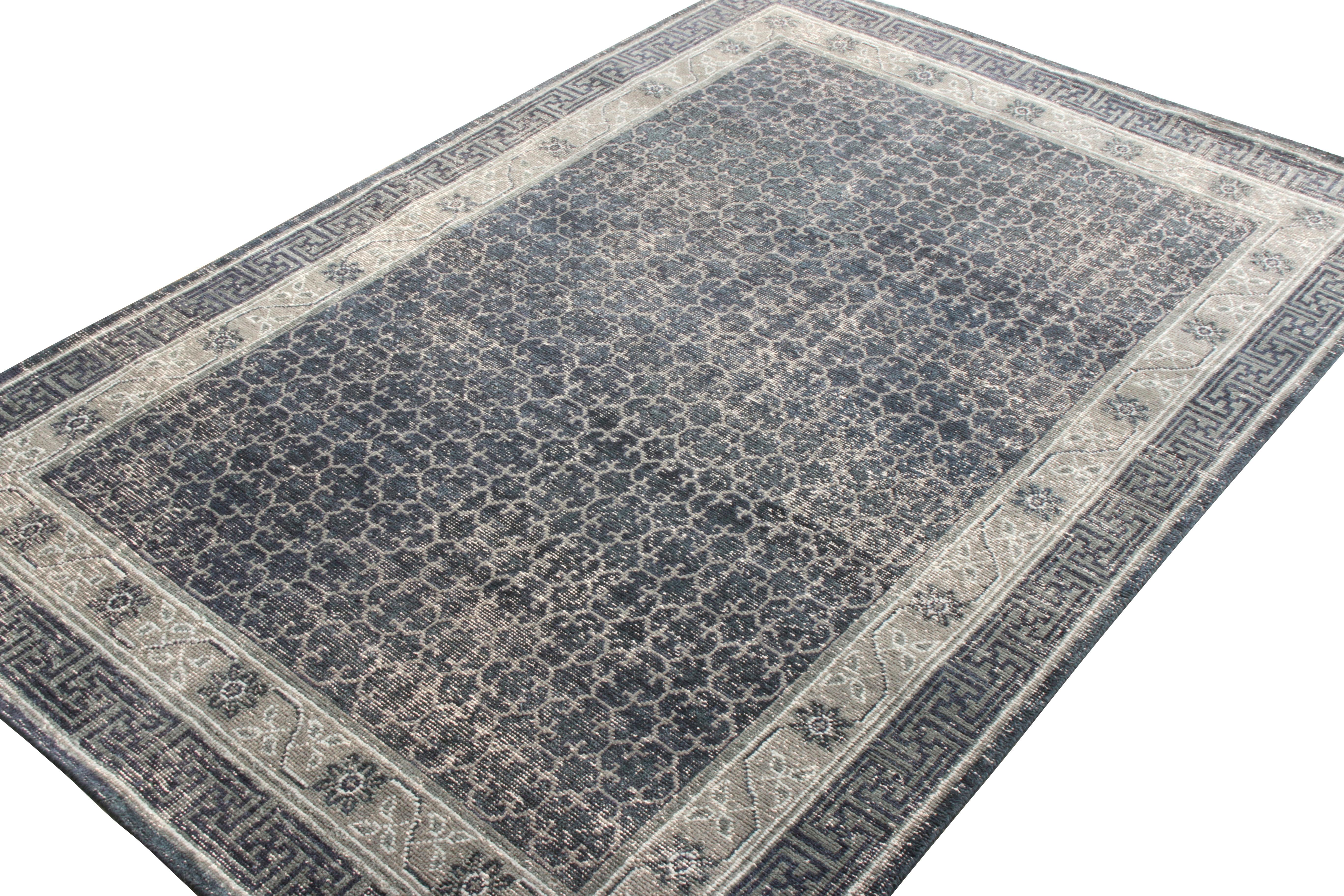 Indian Rug & Kilim’s Distressed Khotan Style Rug in Blue, Gray Geometric Pattern For Sale