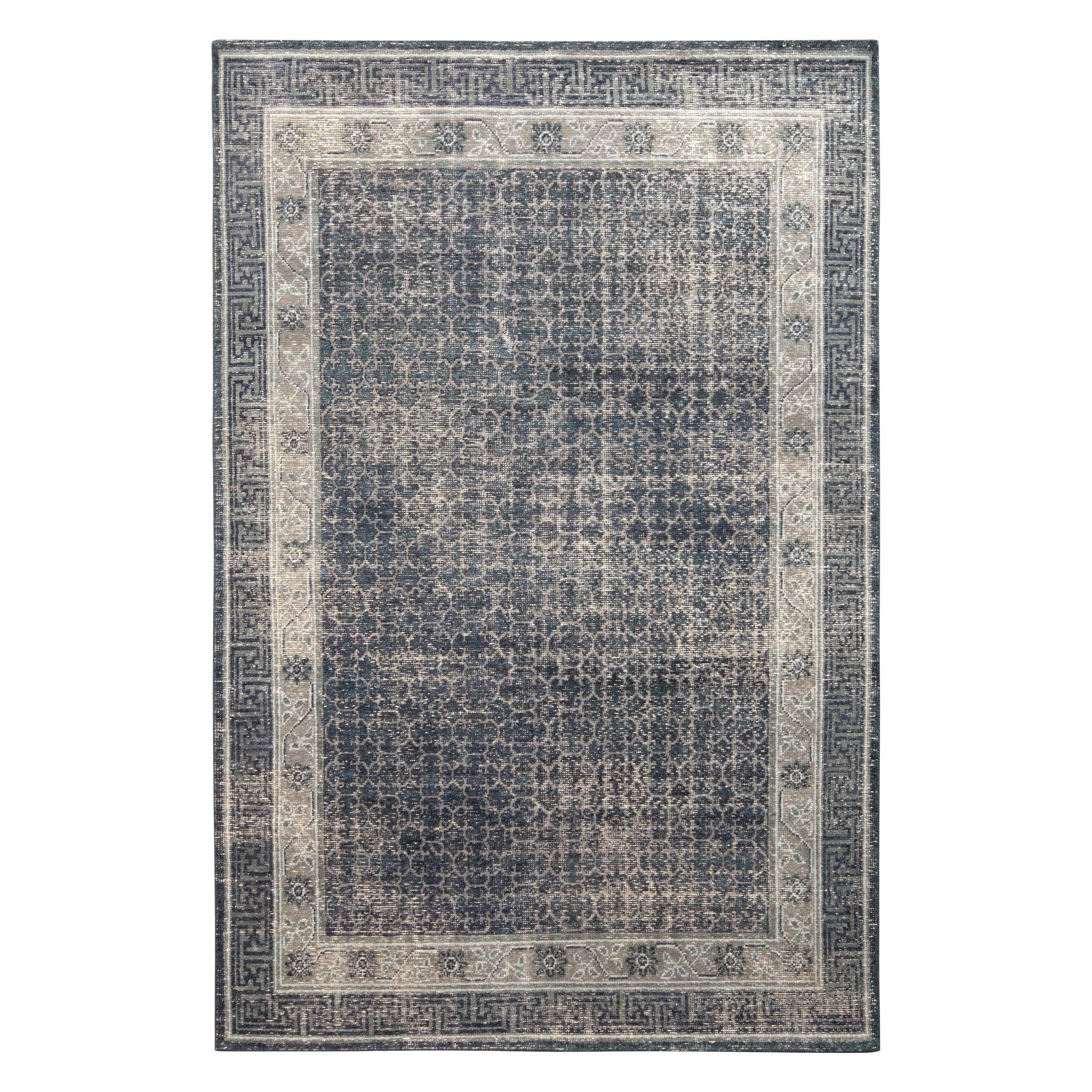 Rug & Kilim’s Distressed Khotan Style Rug in Blue, Gray Geometric Pattern