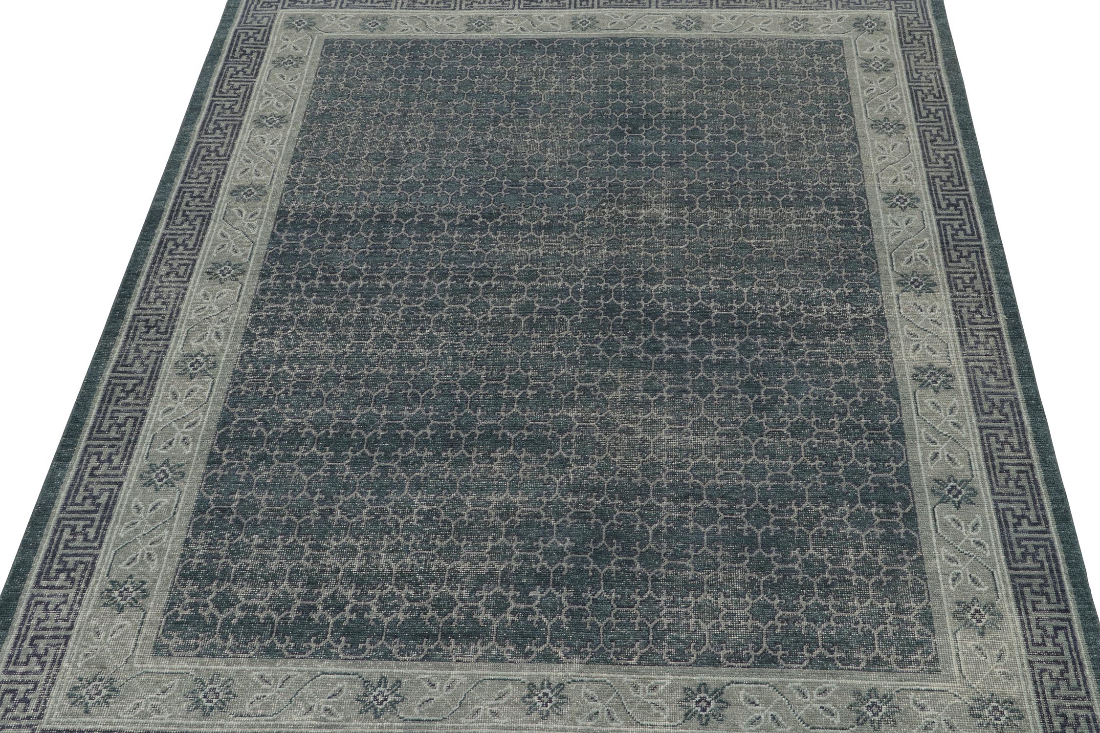 Modern Rug & Kilim’s Distressed Khotan style rug in Blue & Gray Geometric Patterns For Sale