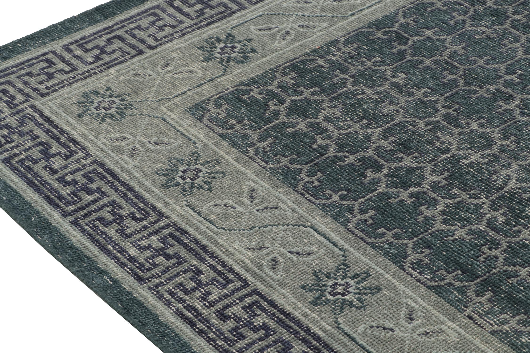 Hand-Knotted Rug & Kilim’s Distressed Khotan style rug in Blue & Gray Geometric Patterns For Sale