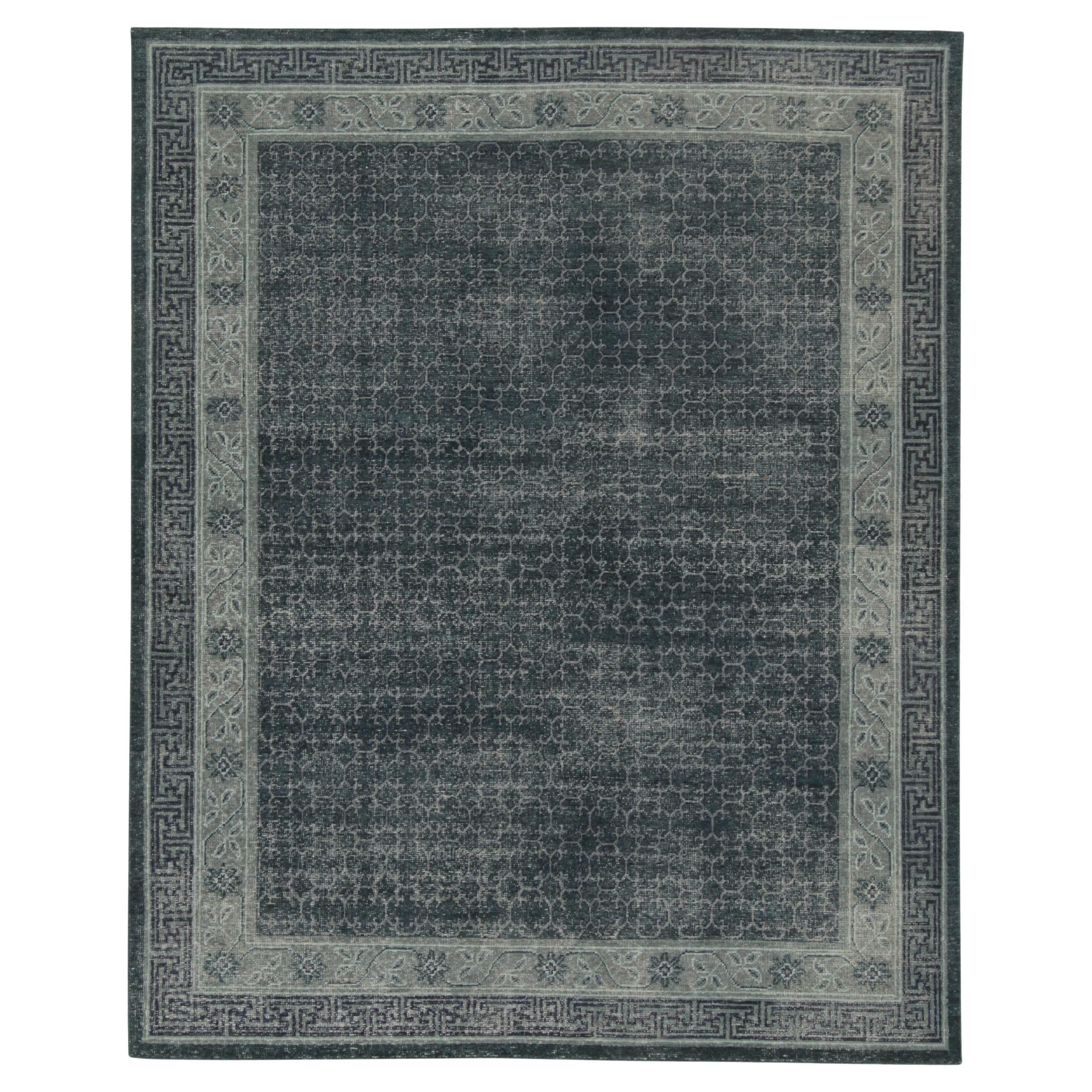 Rug & Kilim’s Distressed Khotan style rug in Blue & Gray Geometric Patterns For Sale