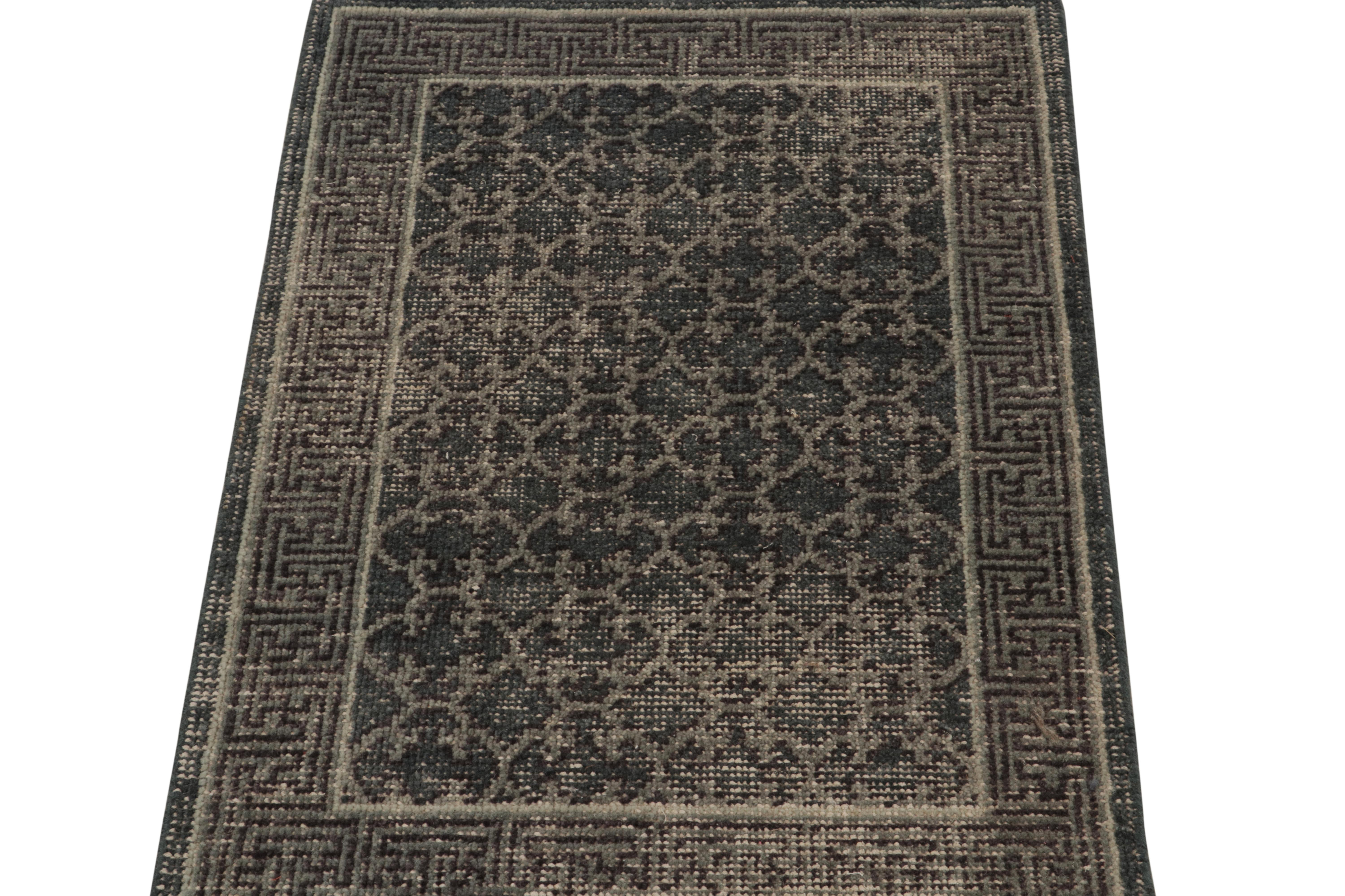 Indian Rug & Kilim’s Distressed Khotan Style Rug in Blue & Gray Trellis Pattern For Sale
