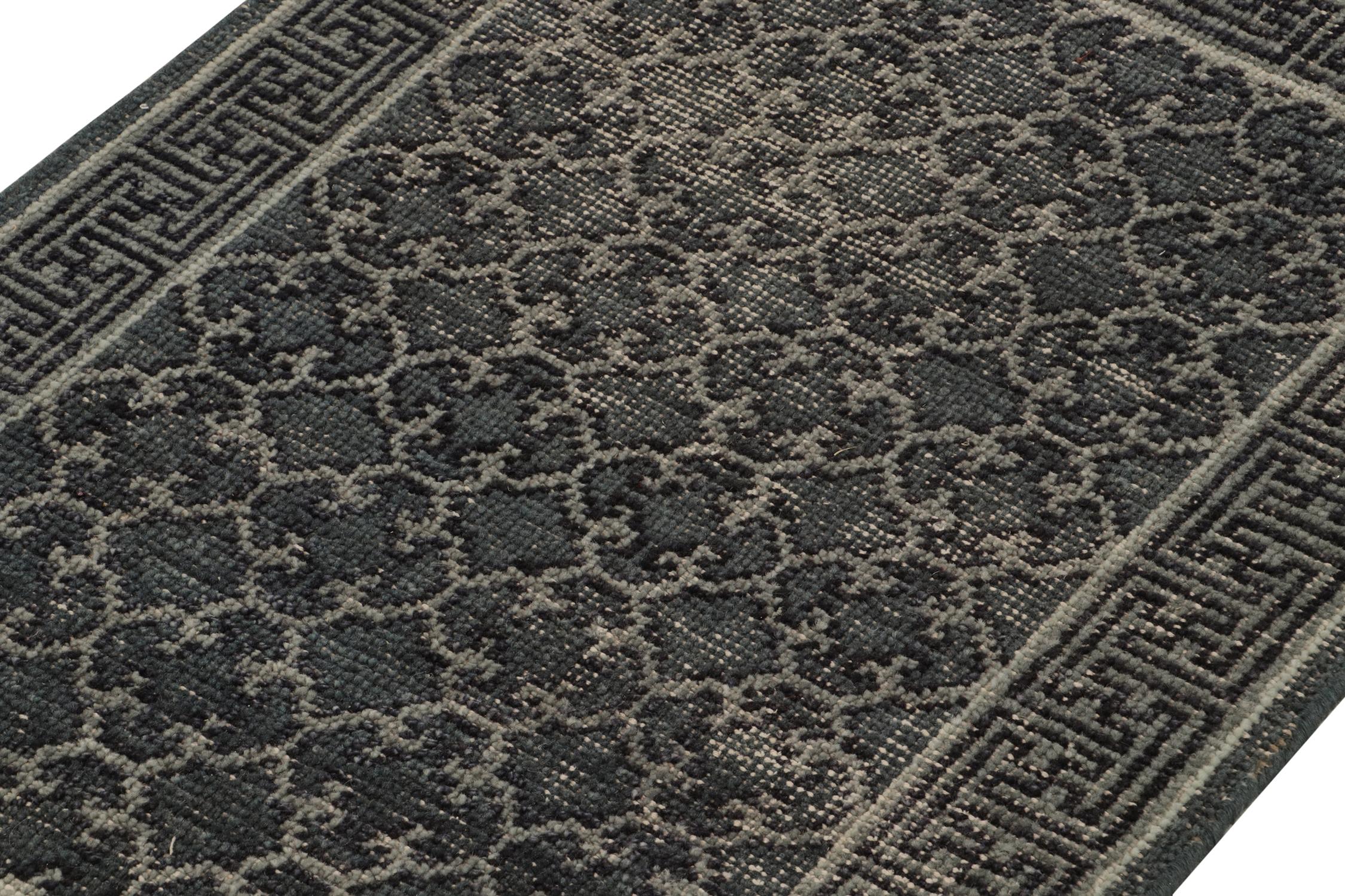 Hand-Knotted Rug & Kilim’s Distressed Khotan Style Rug in Blue & Gray Trellis Pattern For Sale