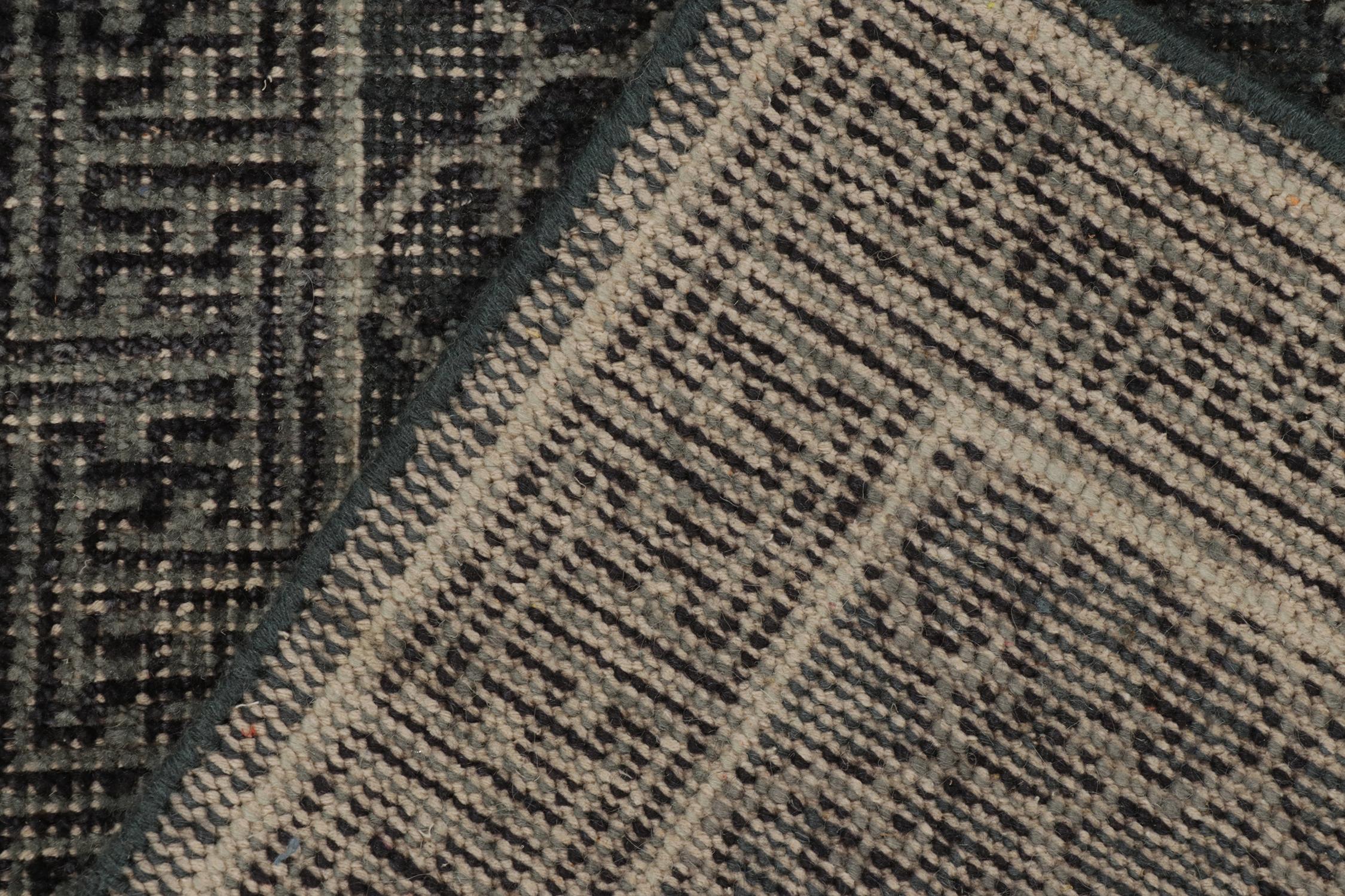 Contemporary Rug & Kilim’s Distressed Khotan Style Rug in Blue & Gray Trellis Pattern For Sale