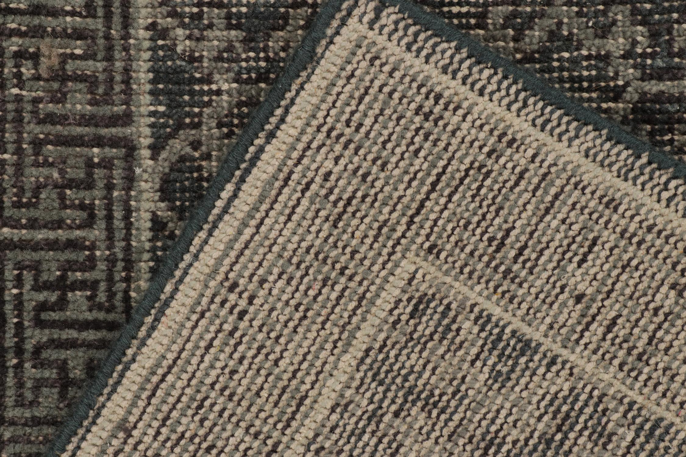 Contemporary Rug & Kilim’s Distressed Khotan Style Rug in Blue & Gray Trellis Pattern For Sale