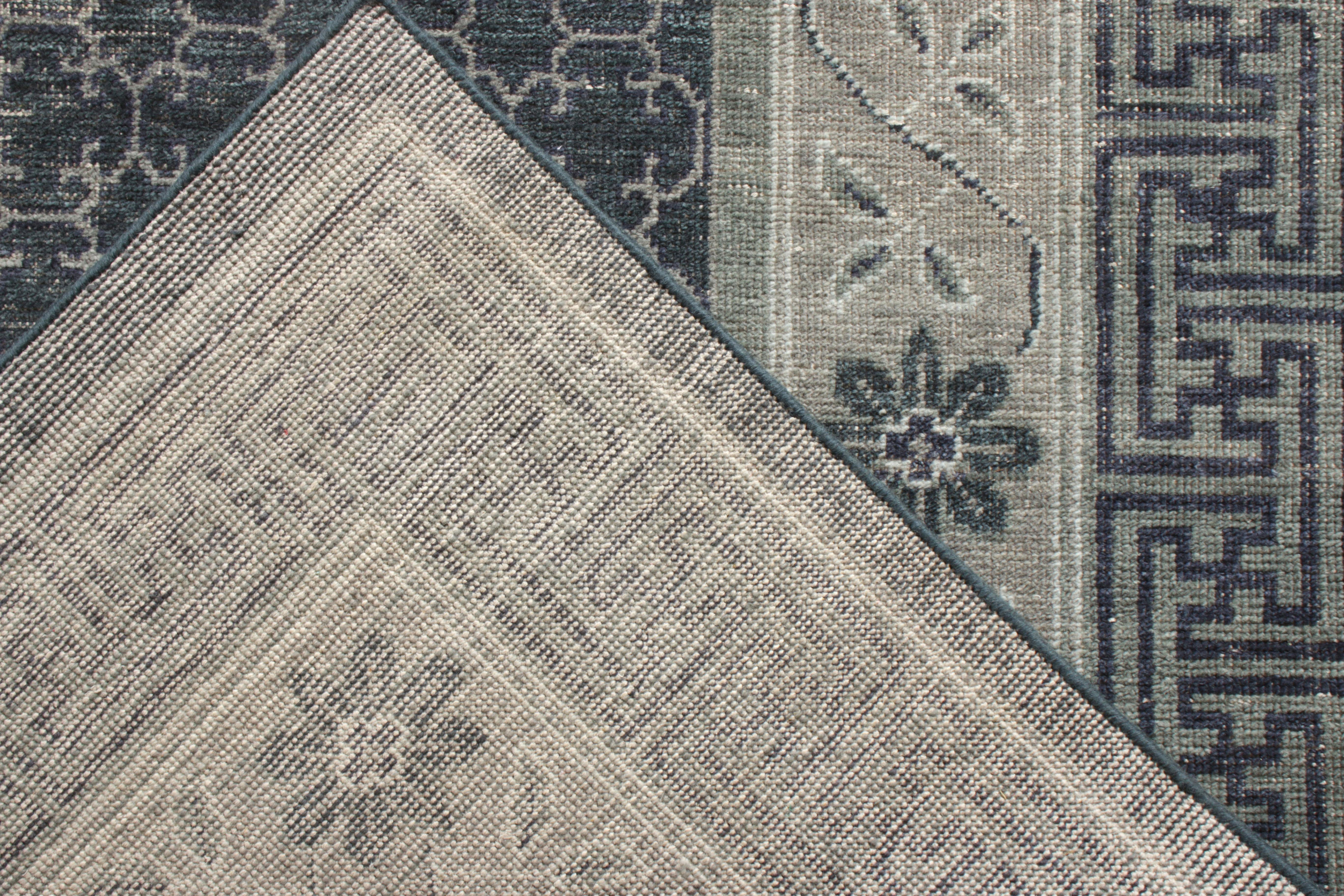 Rug & Kilim’s Distressed Khotan Style Rug in Blue, Grey Geometric Pattern In New Condition For Sale In Long Island City, NY