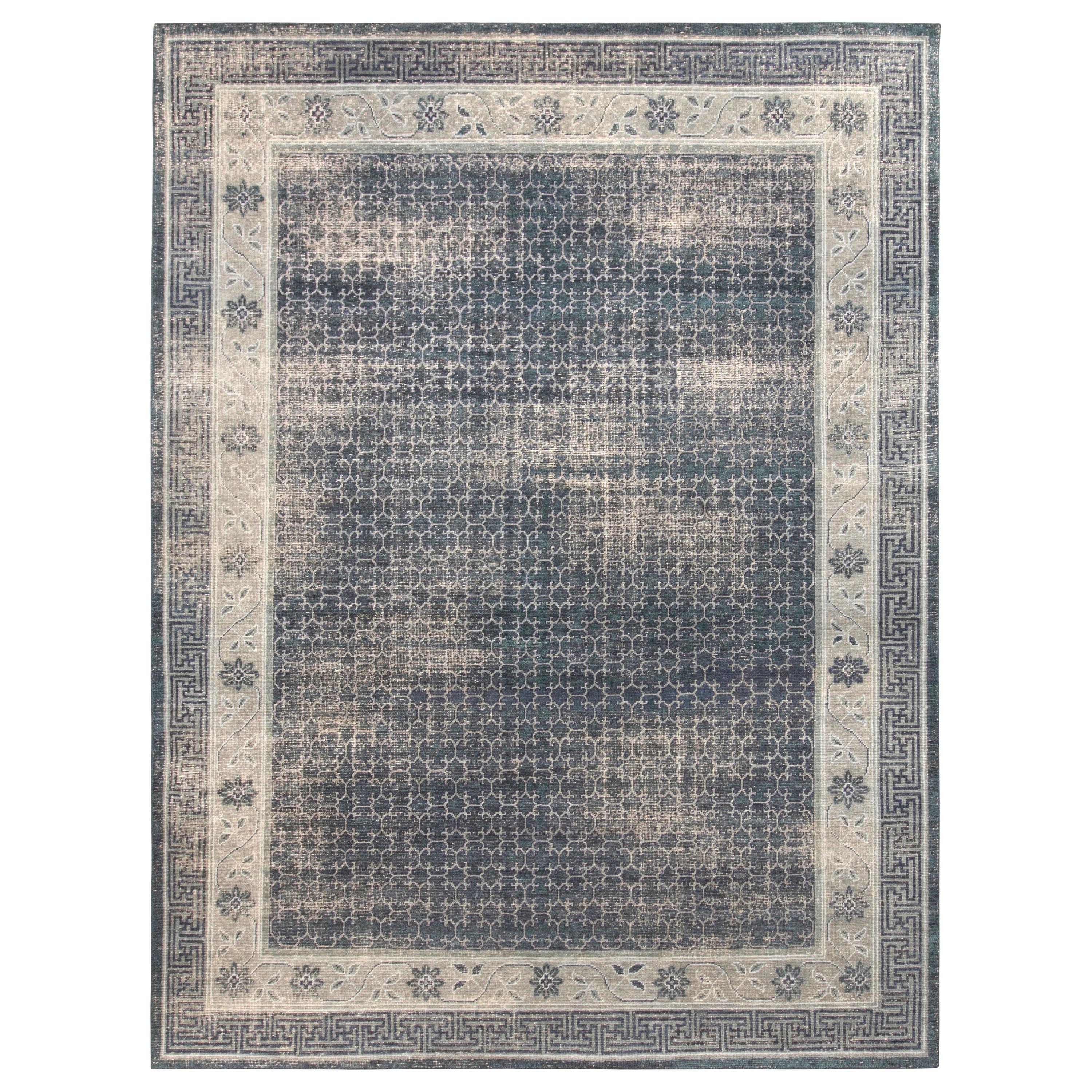 Rug & Kilim’s Distressed Khotan Style Rug in Blue, Grey Geometric Pattern For Sale