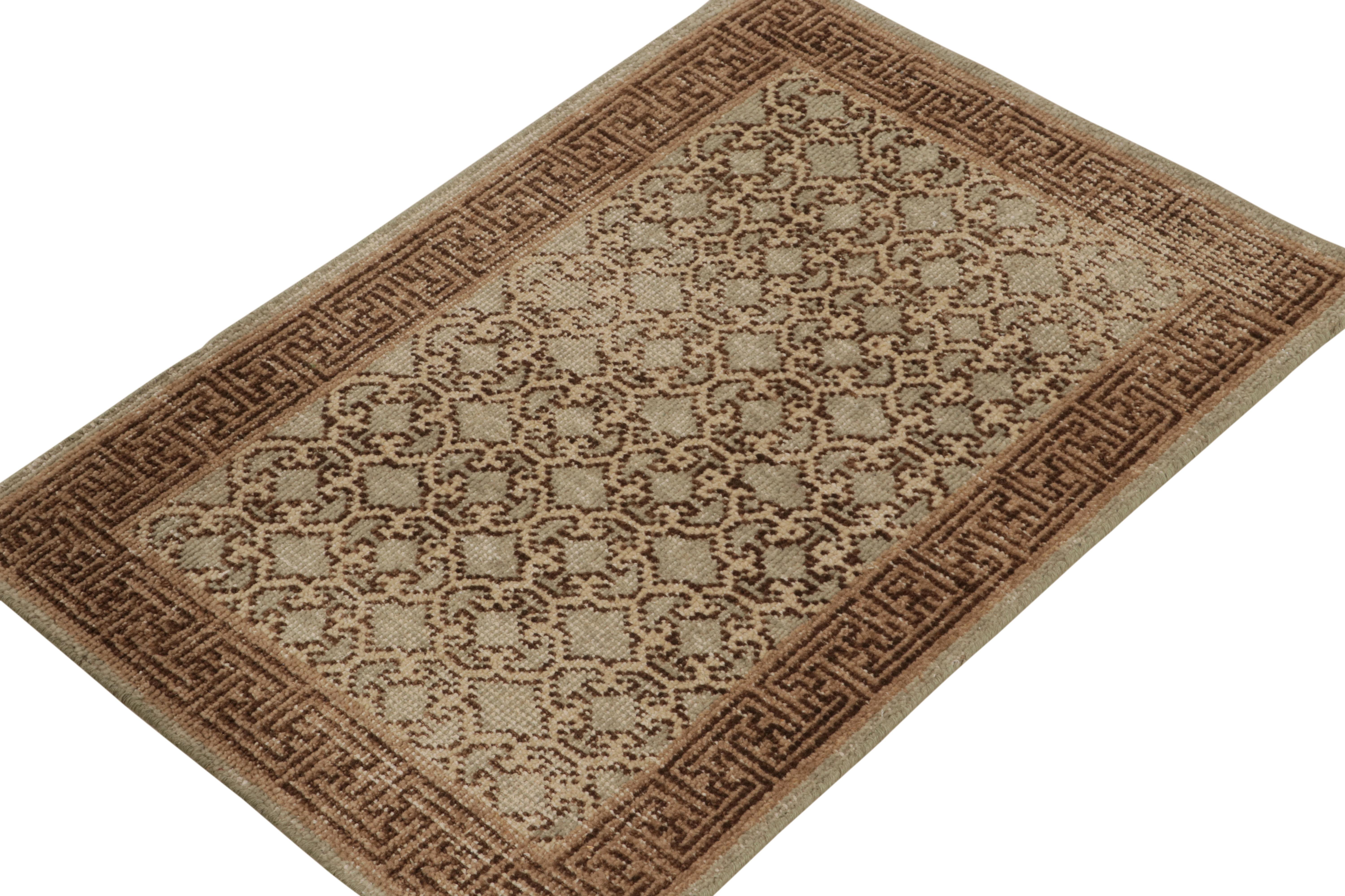 Indian Rug & Kilim’s Distressed Khotan Style Rug in Gray, Beige-Brown Trellis Pattern For Sale