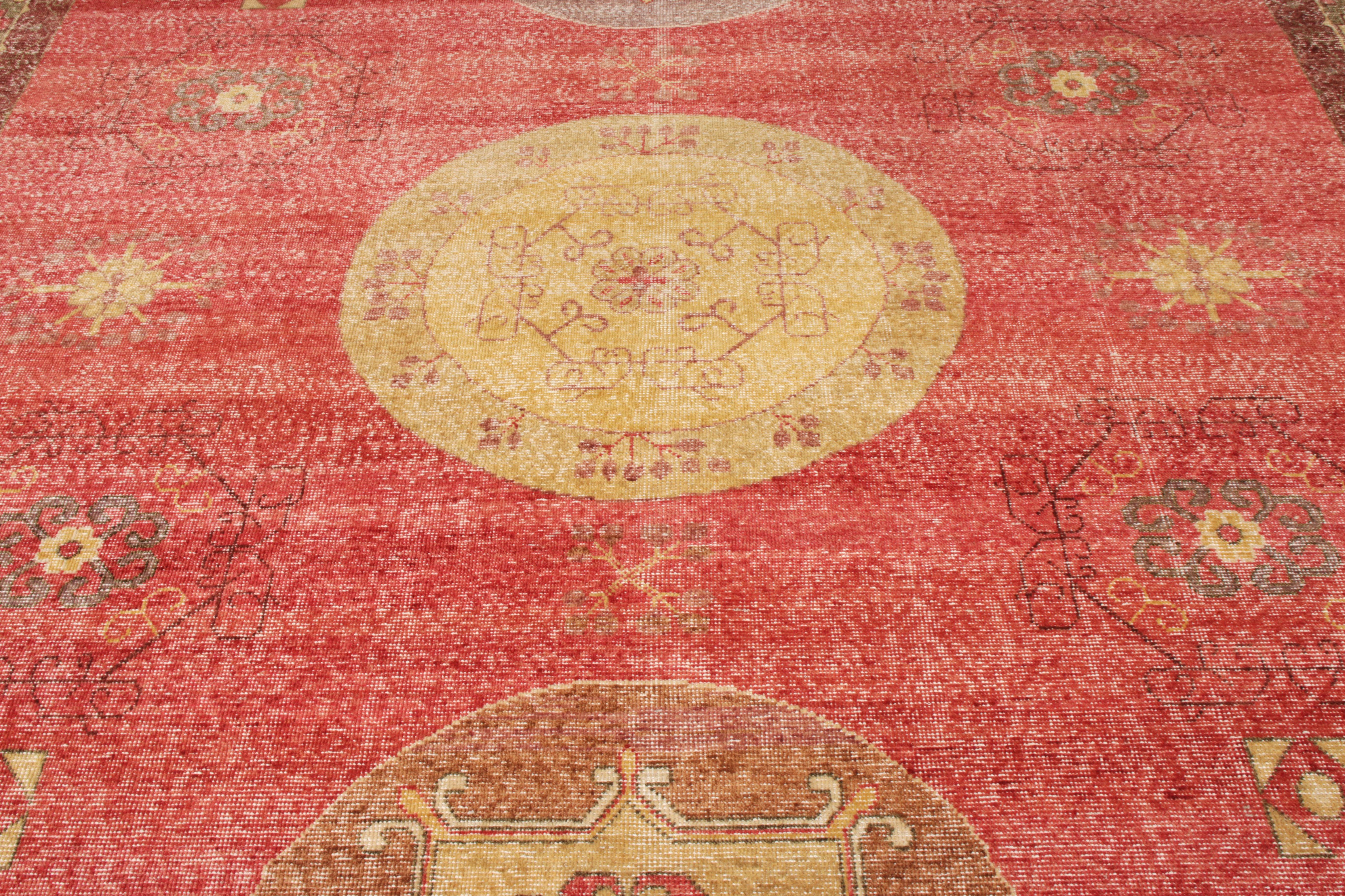 Hand-Knotted Rug & Kilim’s Distressed Khotan Style Rug in Red, Beige Medallion Pattern For Sale