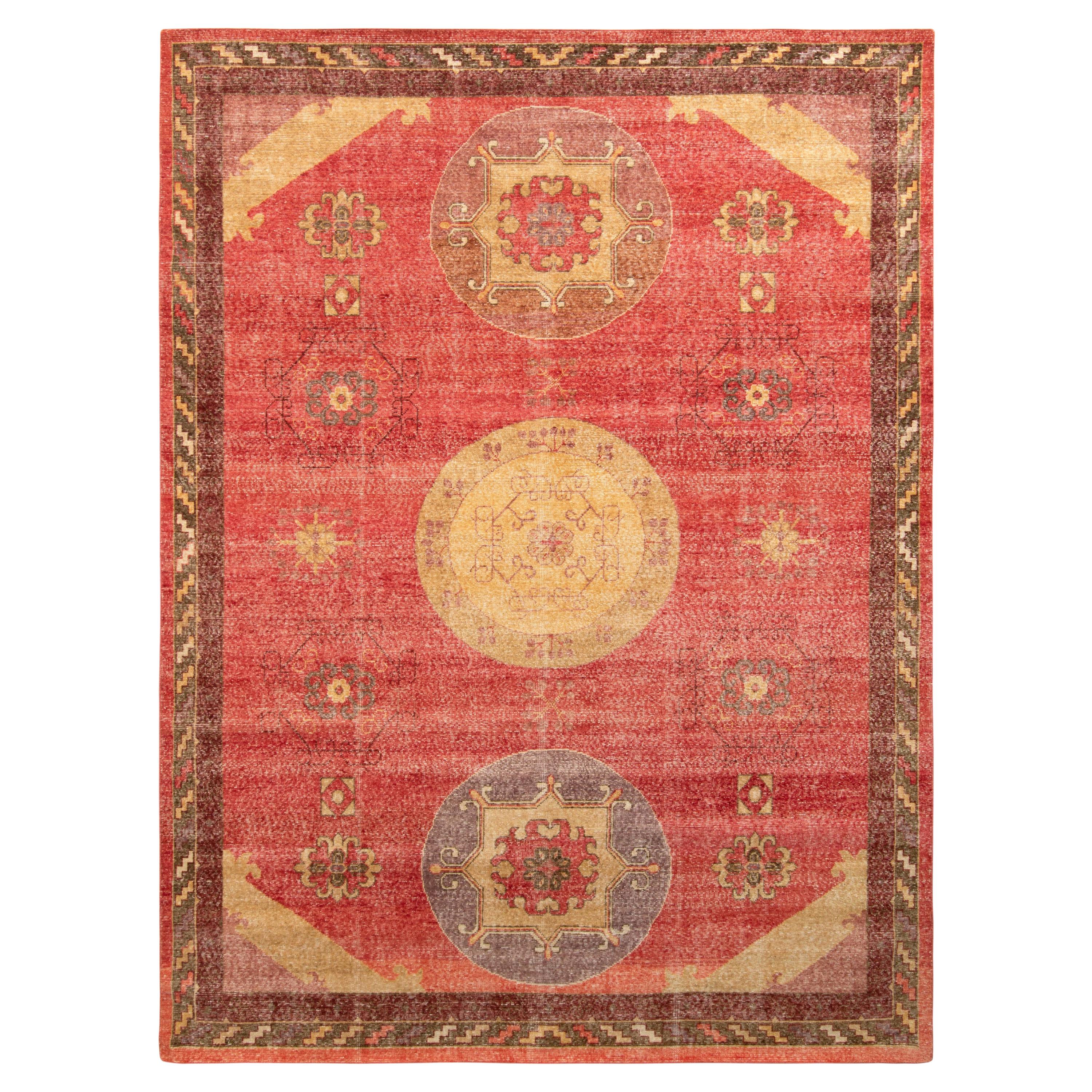 Rug & Kilim’s Distressed Khotan Style Rug in Red, Beige Medallion Pattern For Sale